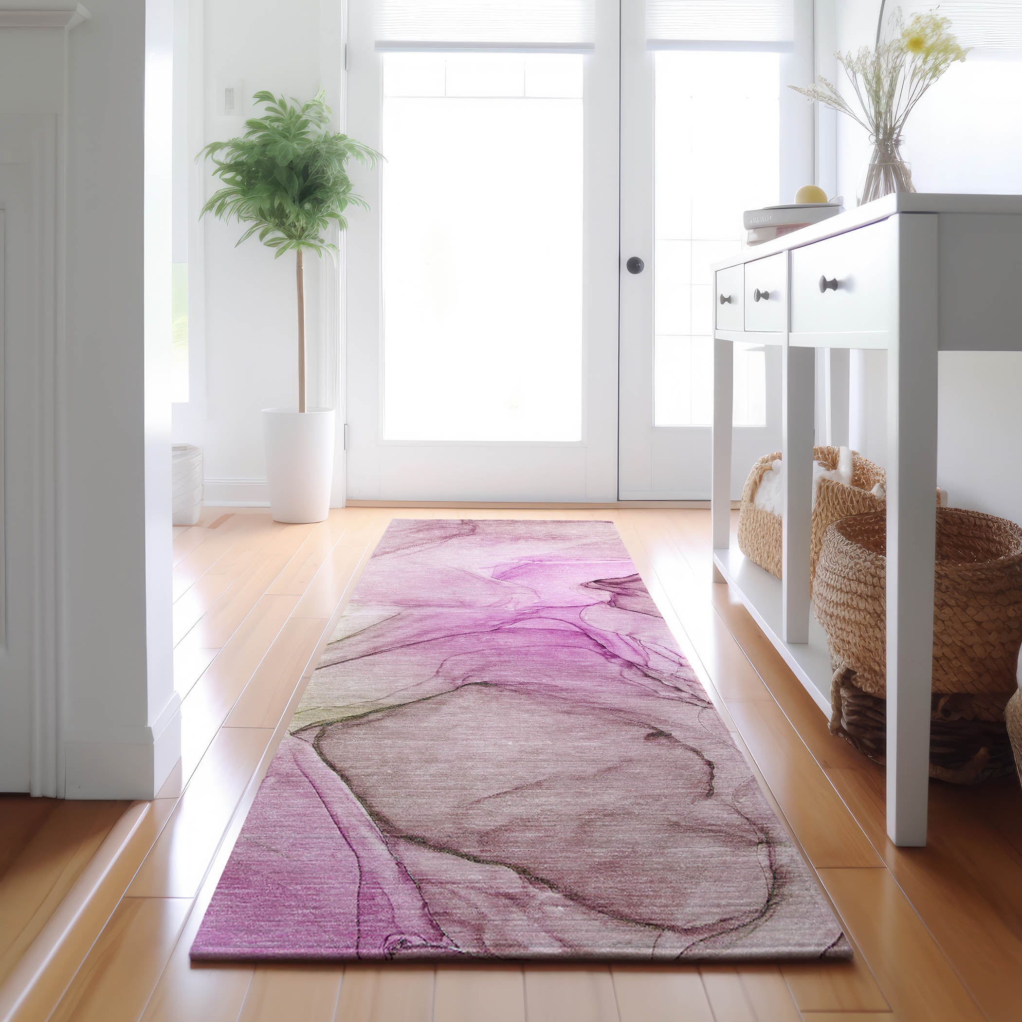 Valletta Machine Washable Transitional Pink Rug 2'3" x 7'6" #shape_Runner