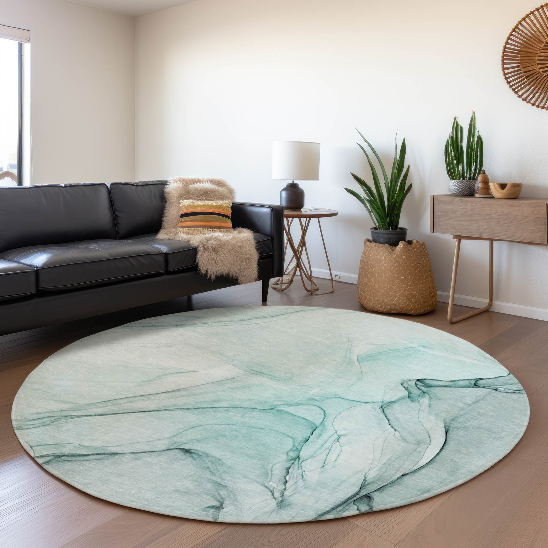 Valletta Machine Washable Transitional Teal Rug 8' x 8' #shape_Round