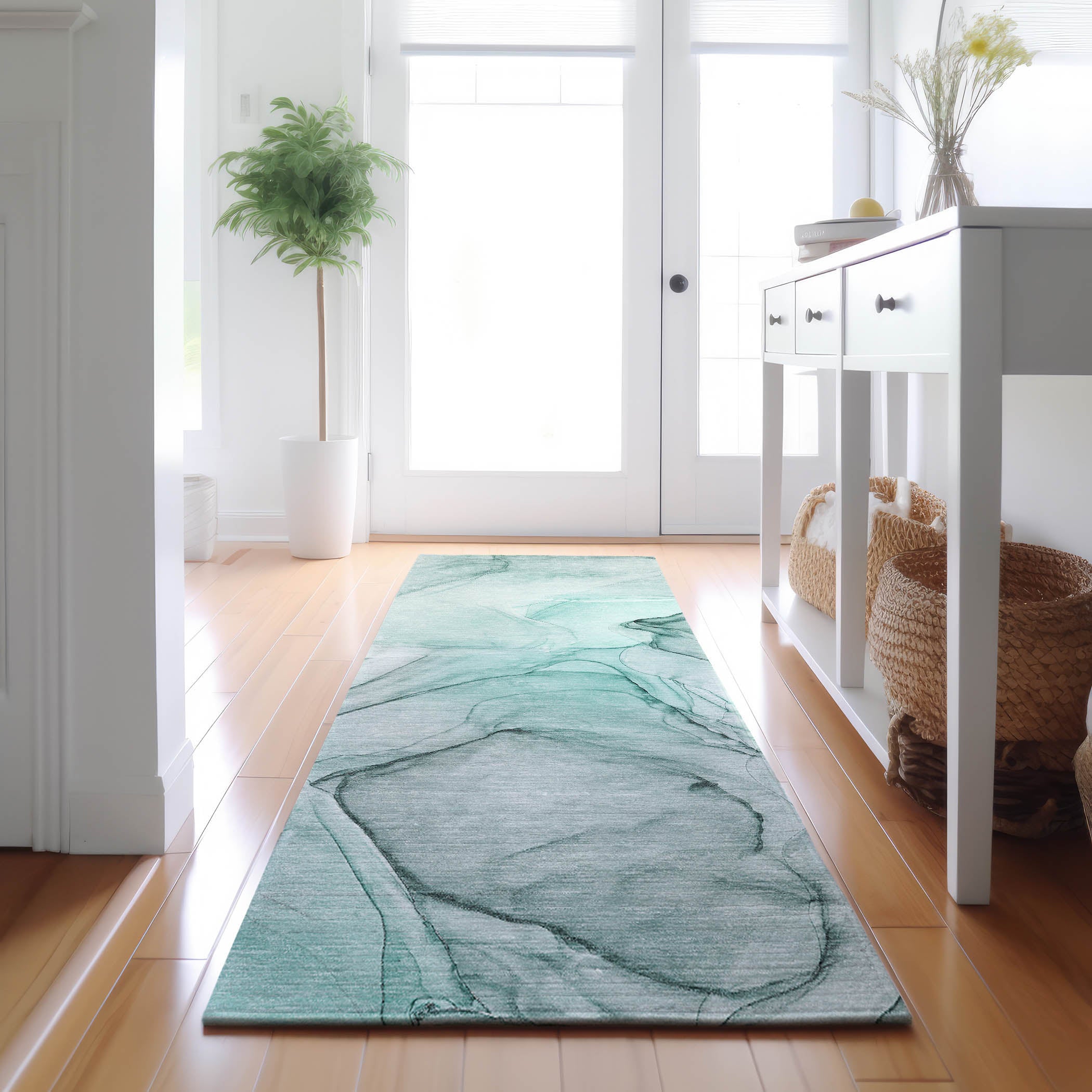 Valletta Machine Washable Transitional Teal Rug 2'3" x 7'6" #shape_Runner