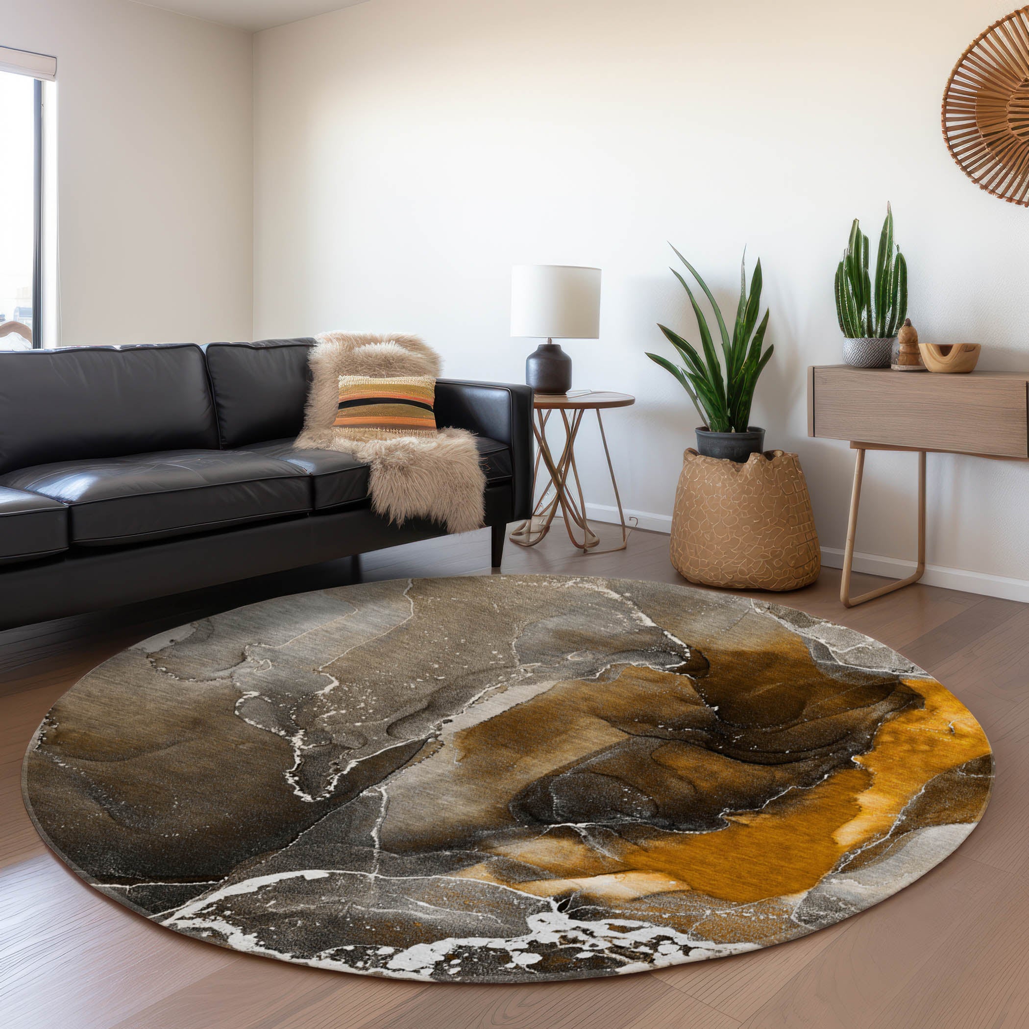 Siena Machine Washable Contemporary Brown Rug 8' x 8' #shape_Round