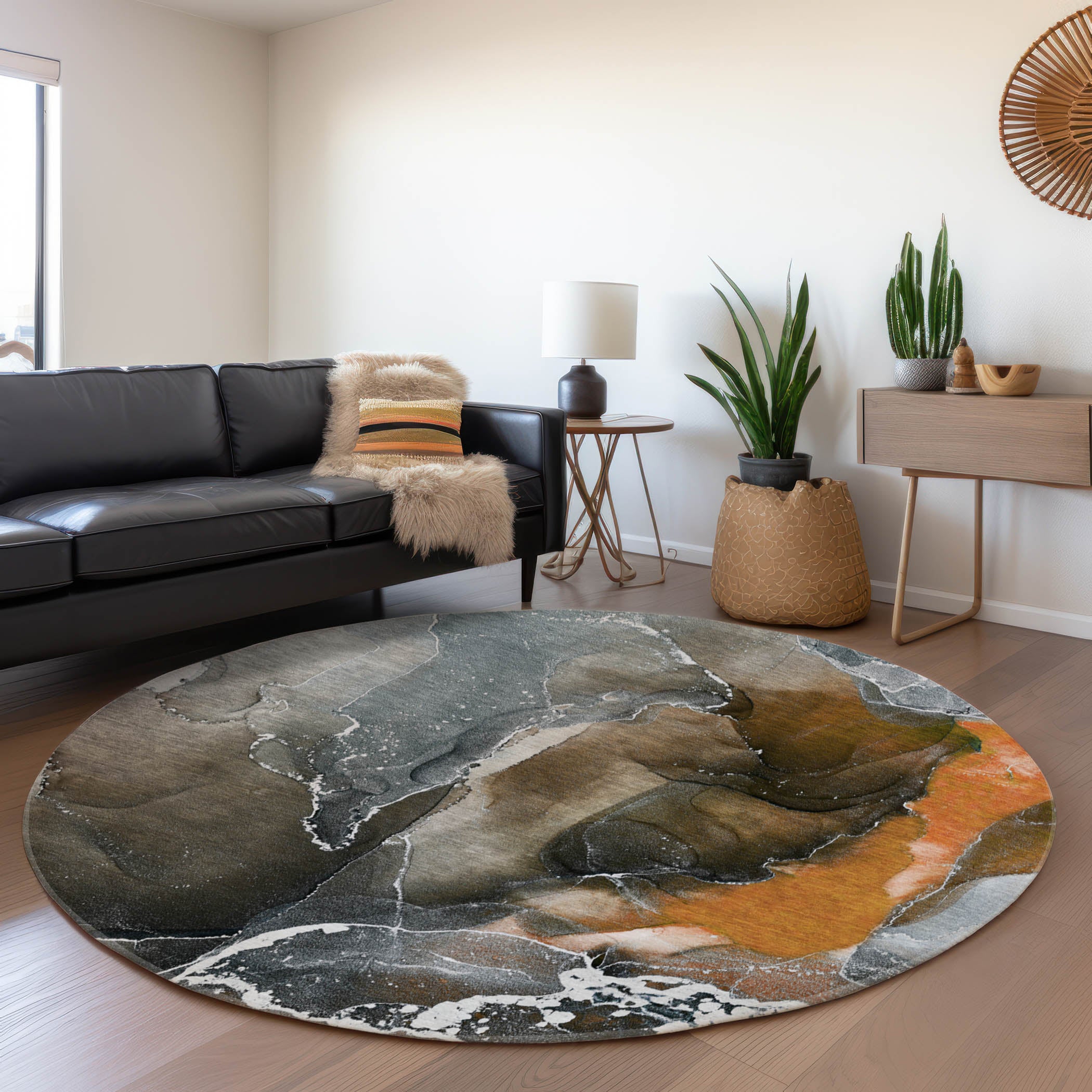 Siena Machine Washable Contemporary Orange Rug 8' x 8' #shape_Round