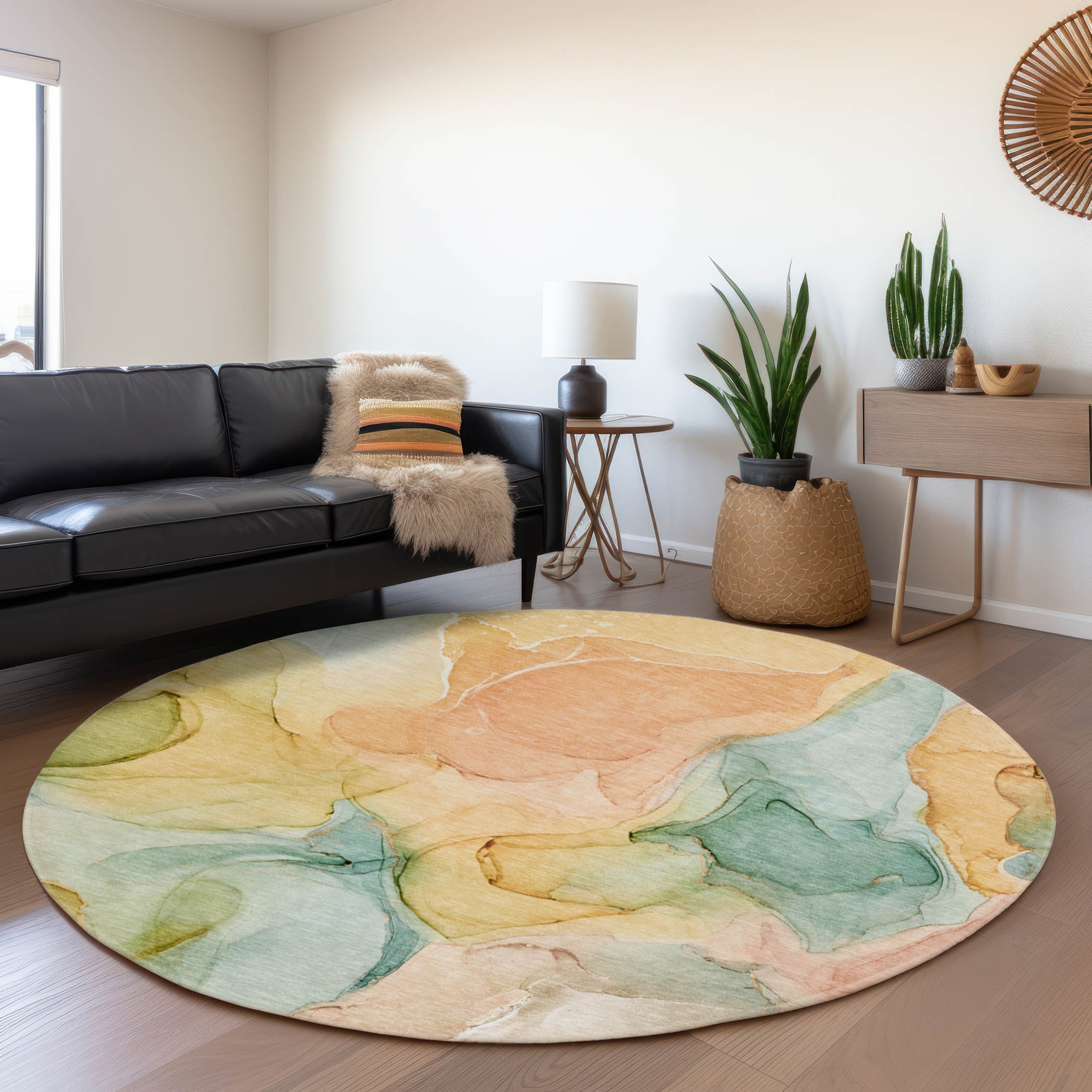 Chiang Mai Machine Washable Transitional Blue Rug 8' x 8' #shape_Round