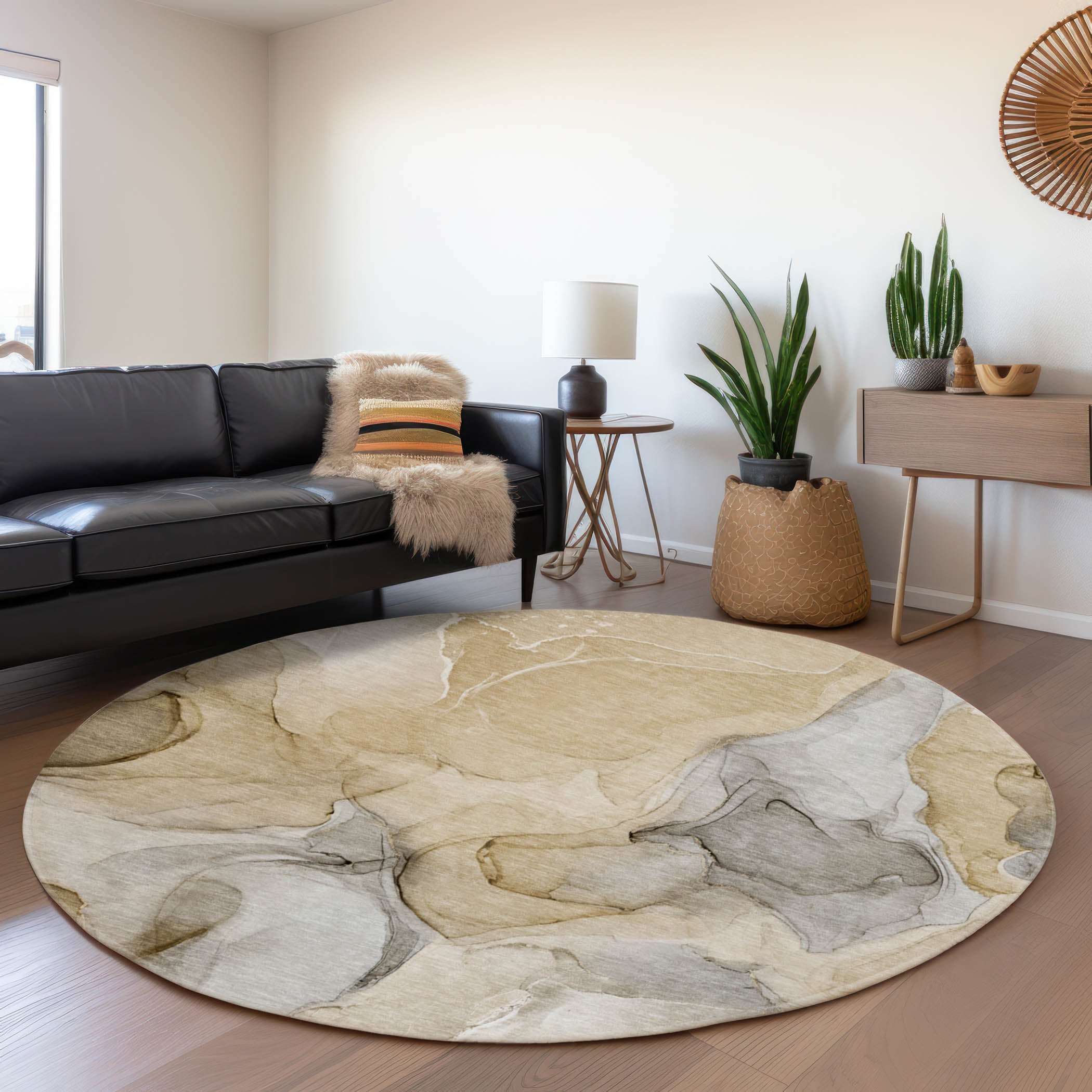 Chiang Mai Machine Washable Transitional Brown Rug 8' x 8' #shape_Round
