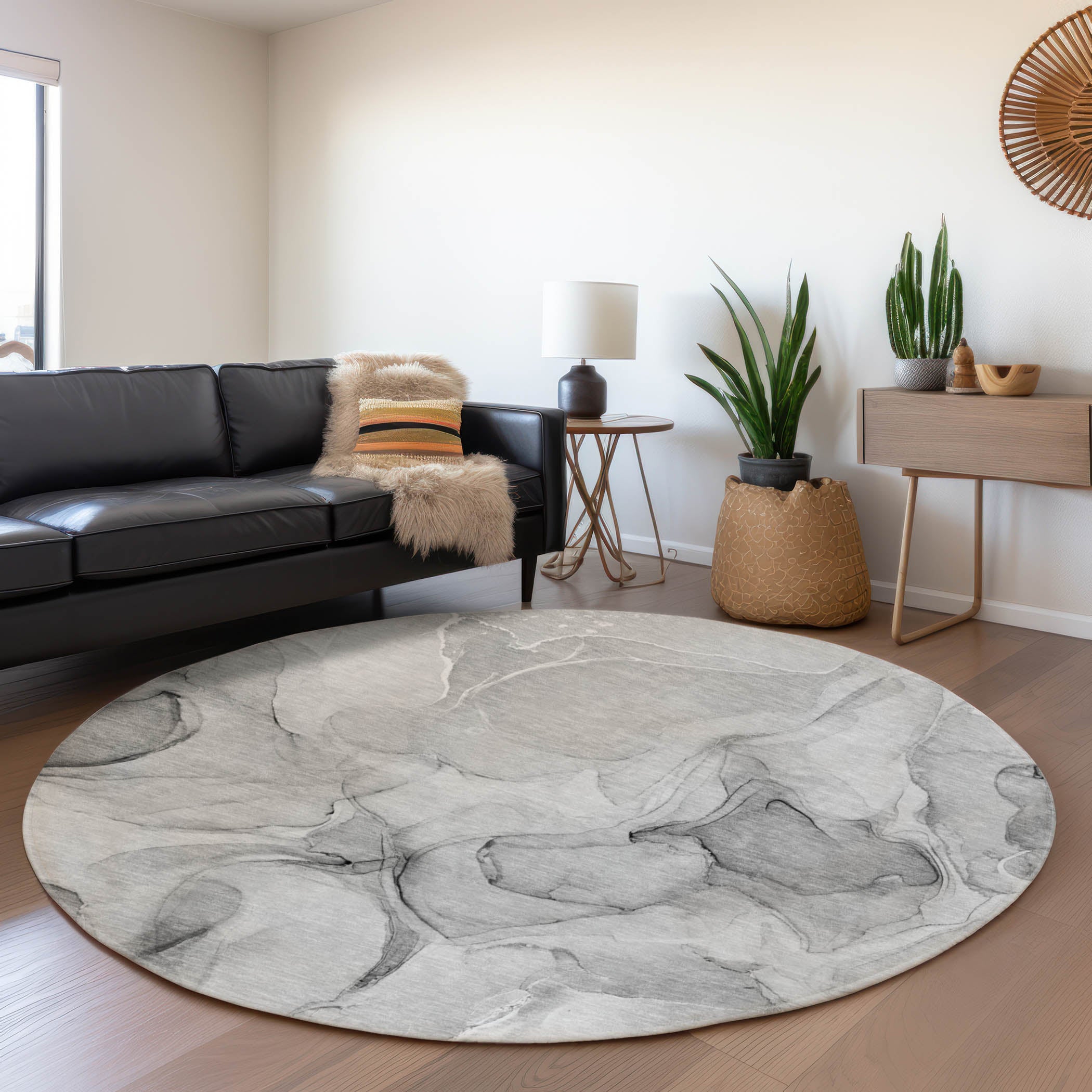 Chiang Mai Machine Washable Transitional Gray Rug 8' x 8' #shape_Round