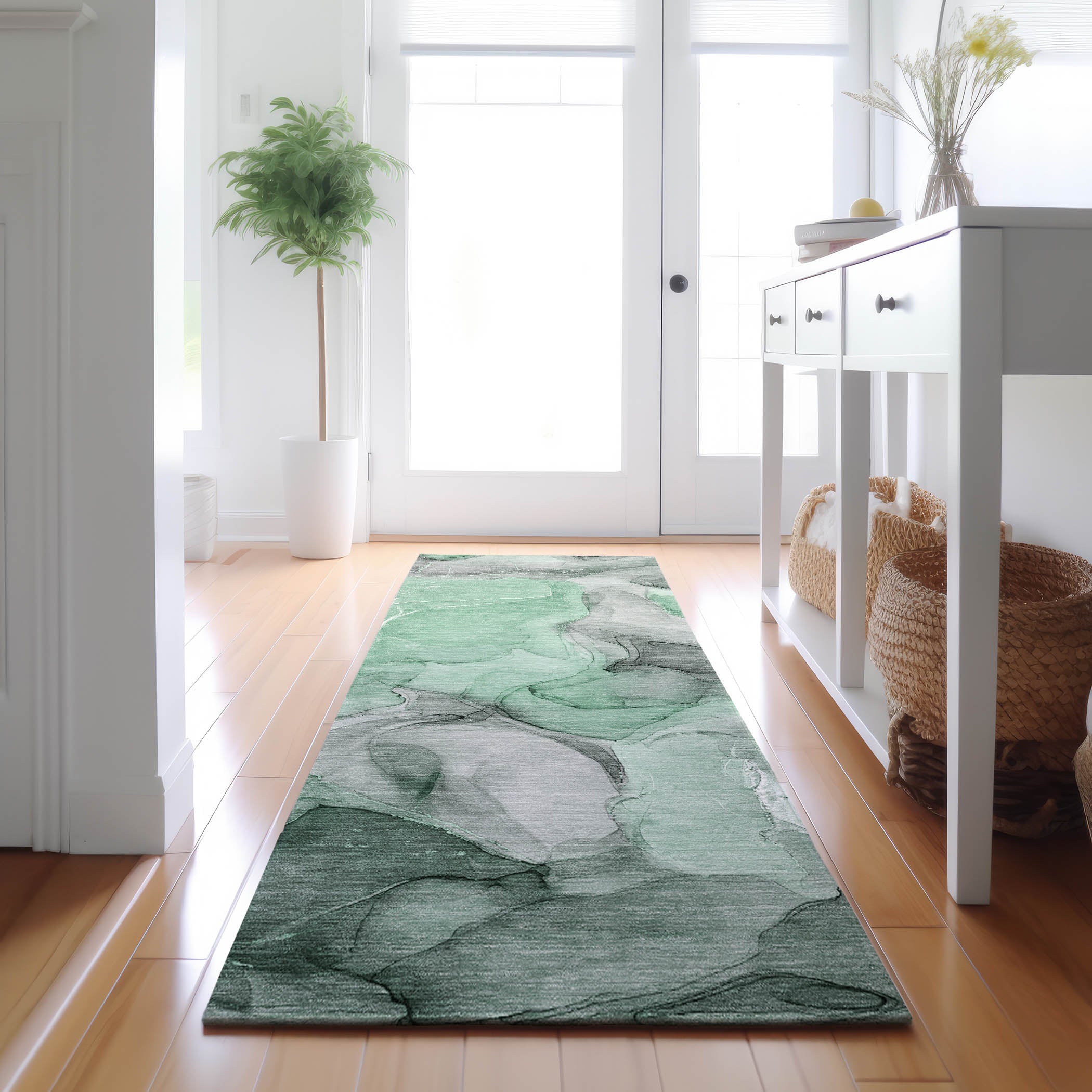 Chiang Mai Machine Washable Transitional Green Rug 2'3" x 7'6" #shape_Runner