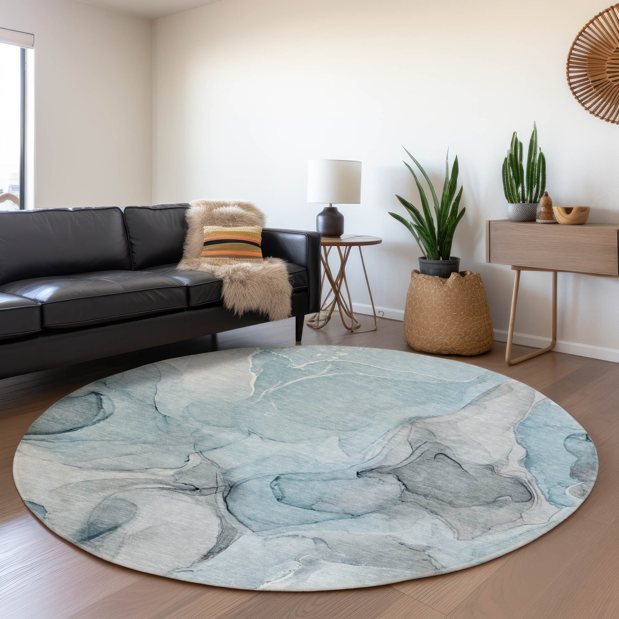 Chiang Mai Machine Washable Transitional Teal Rug 8' x 8' #shape_Round
