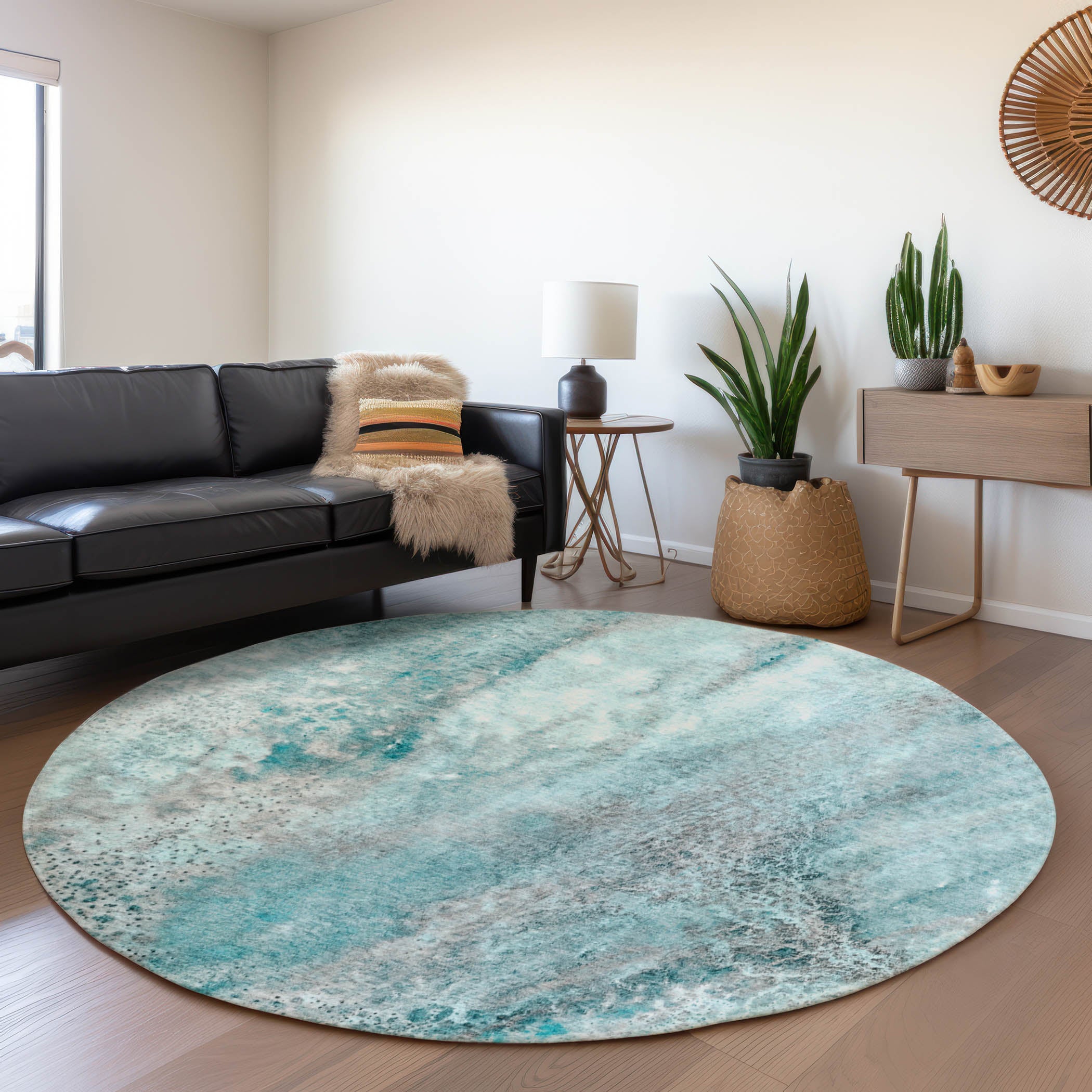 Athens Machine Washable Contemporary Teal Rug 8' x 8' #shape_Round