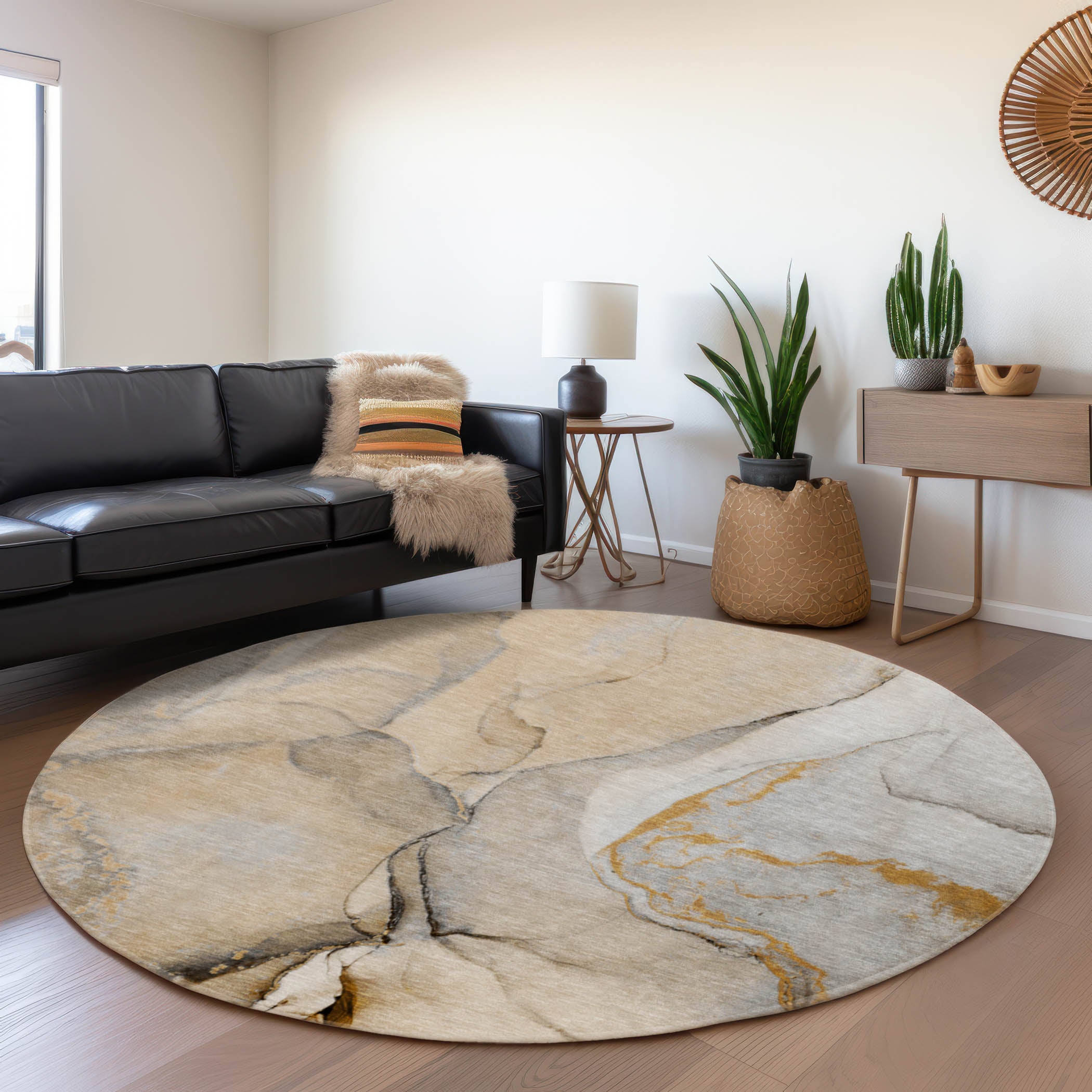 Vienna Machine Washable Transitional Beige Brown Rug 8' x 8' #shape_Round