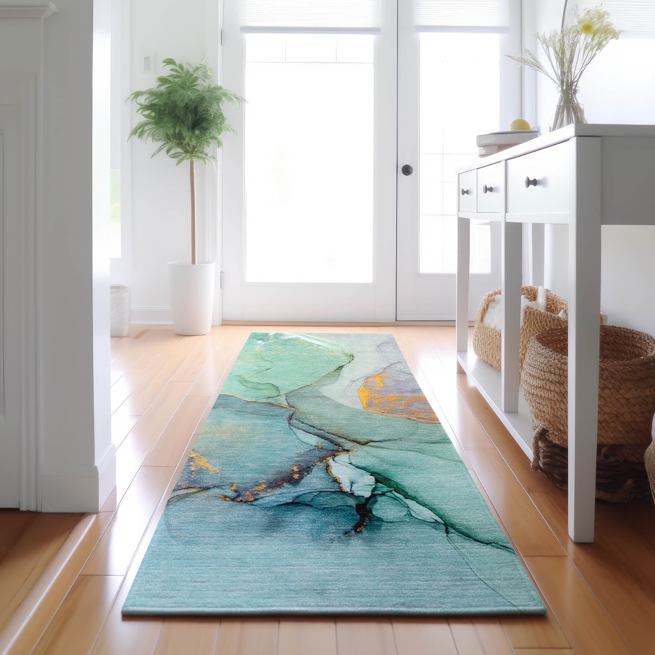Vienna Machine Washable Transitional Teal Rug 2'3" x 7'6" #shape_Runner