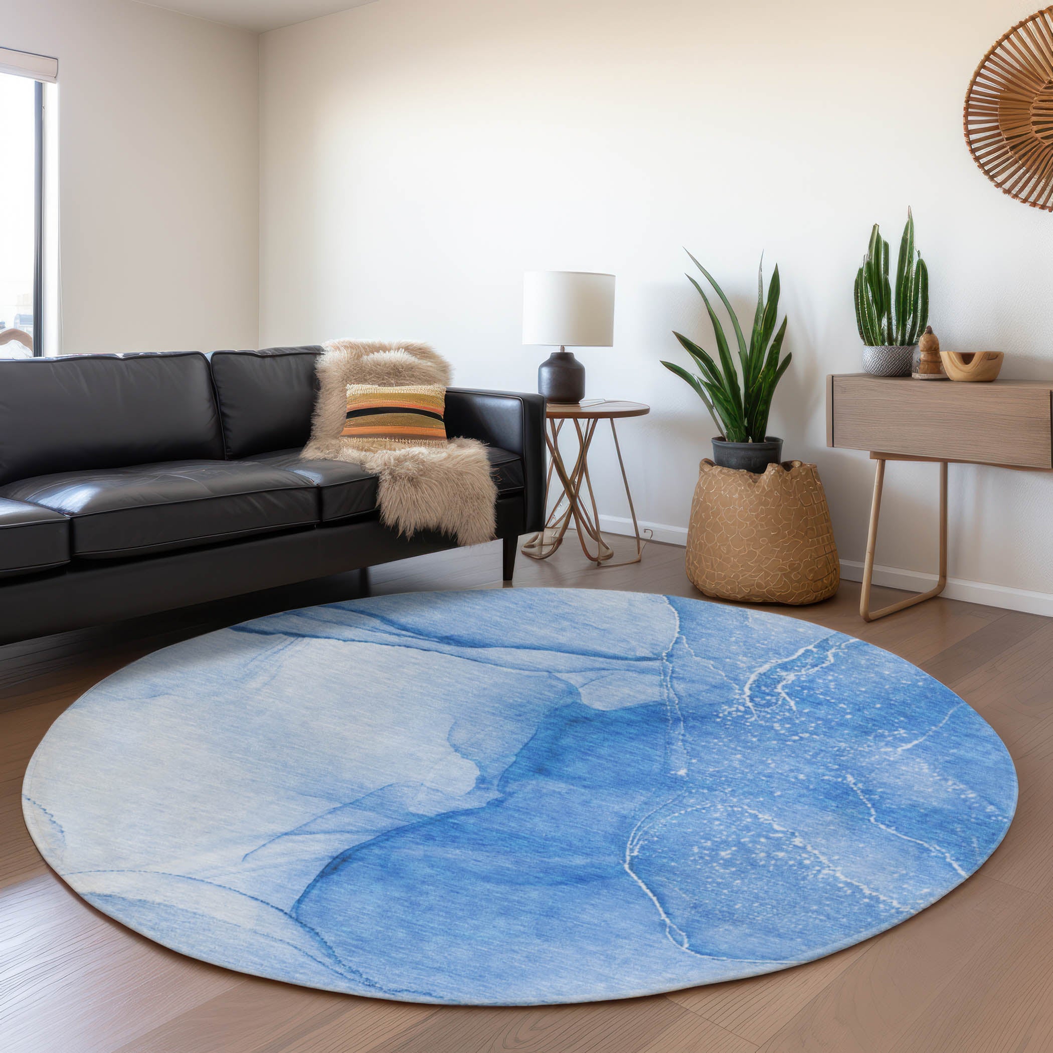Seoul Machine Washable Transitional Blue Rug 8' x 8' #shape_Round