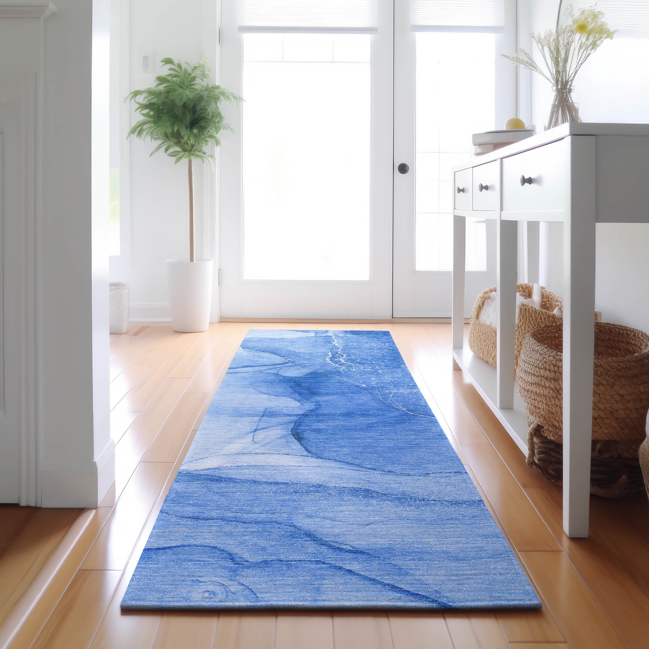 Seoul Machine Washable Transitional Blue Rug 2'3" x 7'6" #shape_Runner