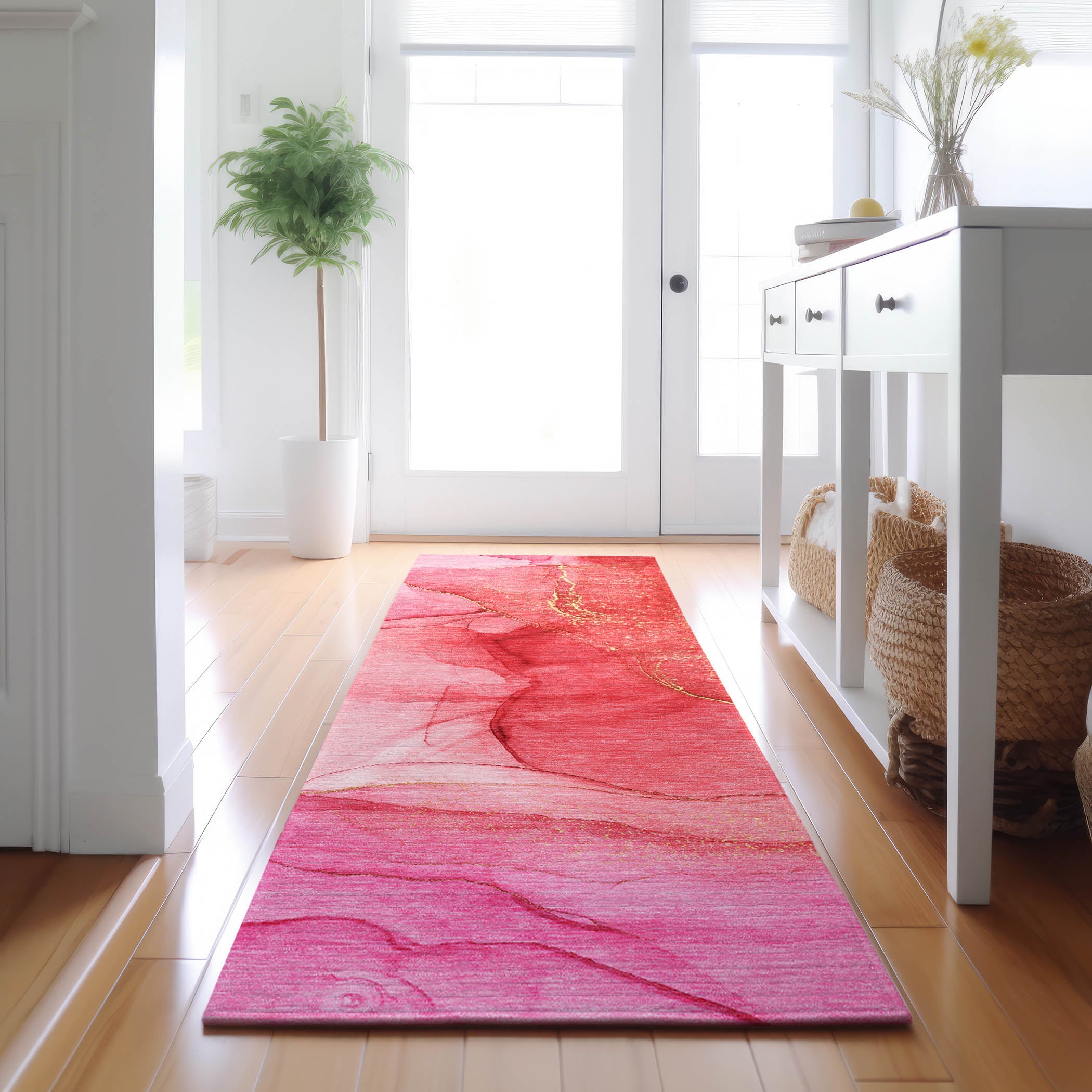 Seoul Machine Washable Transitional Pink Rug 2'3" x 7'6" #shape_Runner