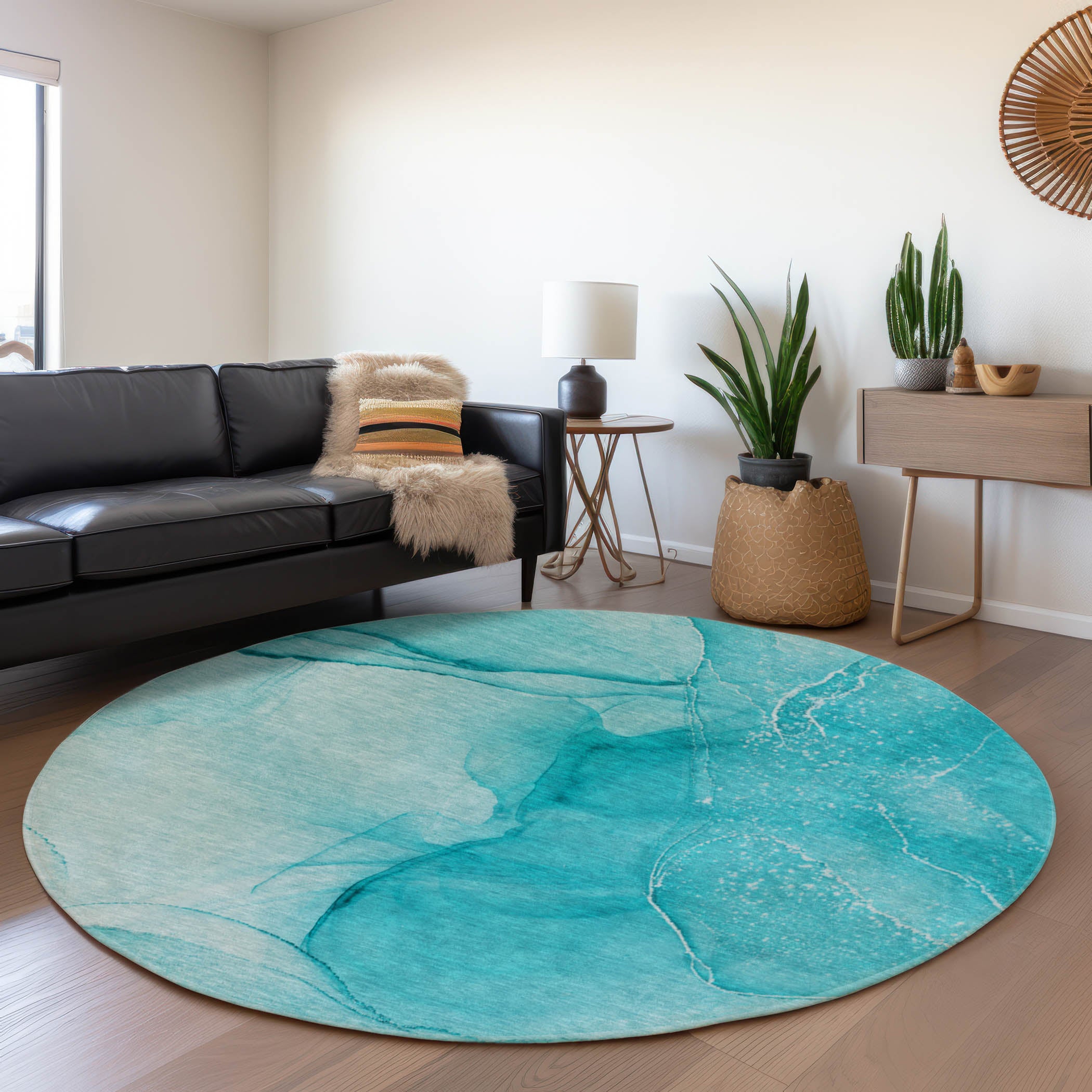 Seoul Machine Washable Transitional Teal Rug 8' x 8' #shape_Round