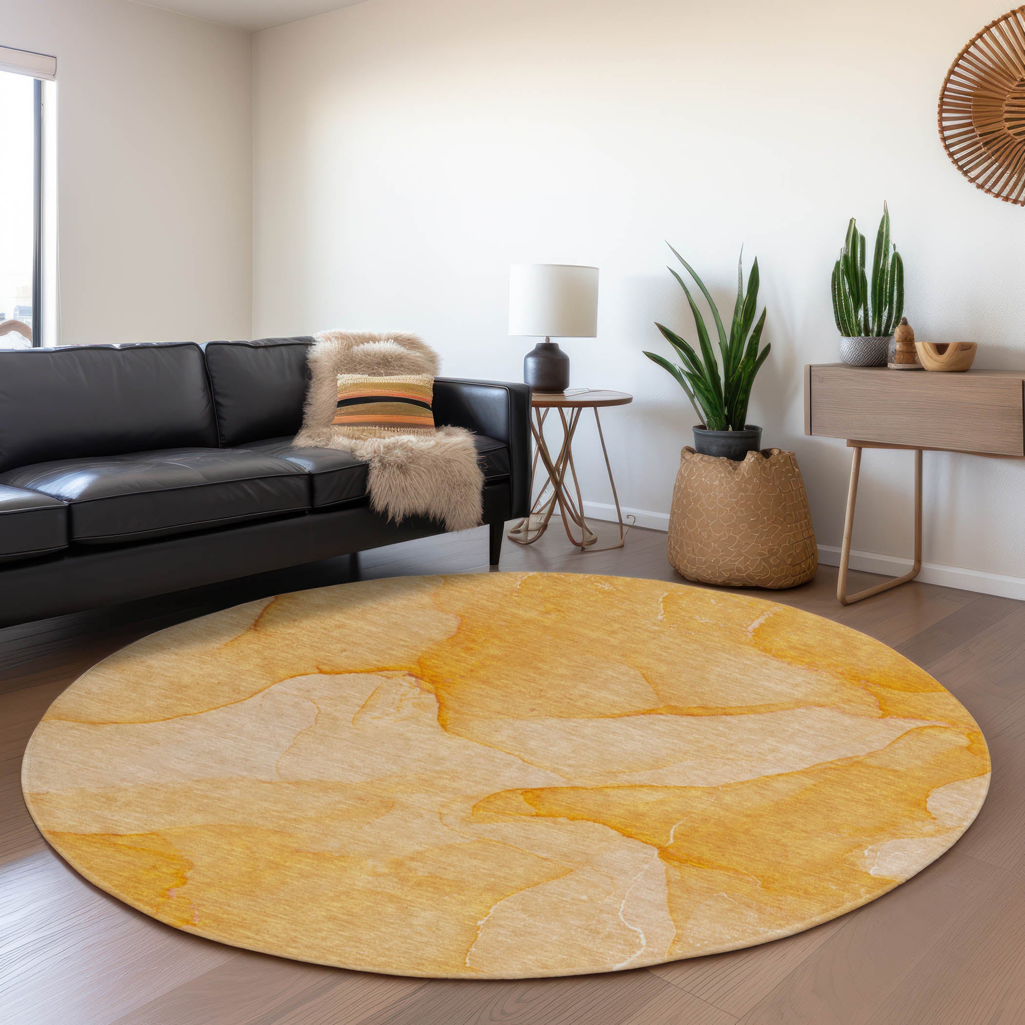 Lima Machine Washable Transitional Orange Rug 8' x 8' #shape_Round