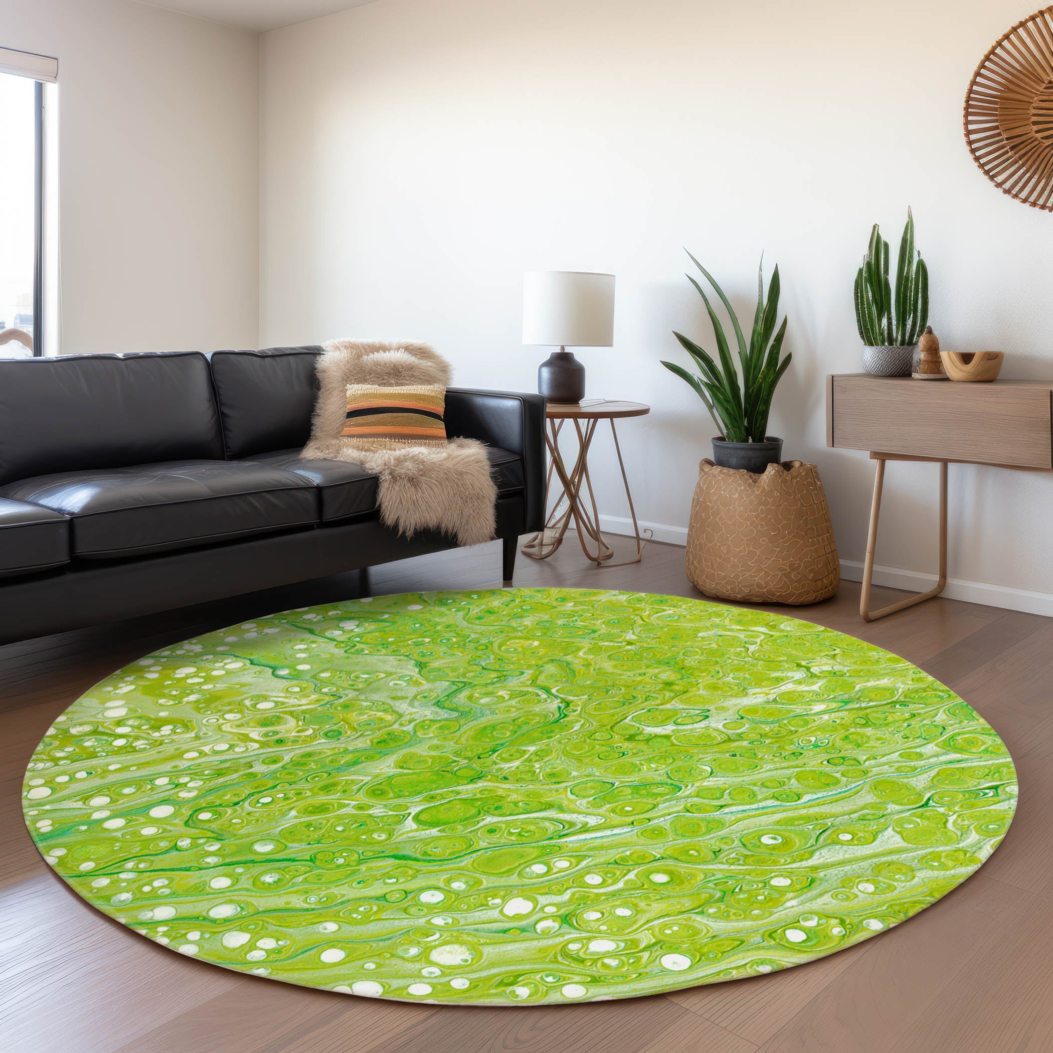 Lisbon Machine Washable Contemporary Clover Green Rug 8' x 8' #shape_Round