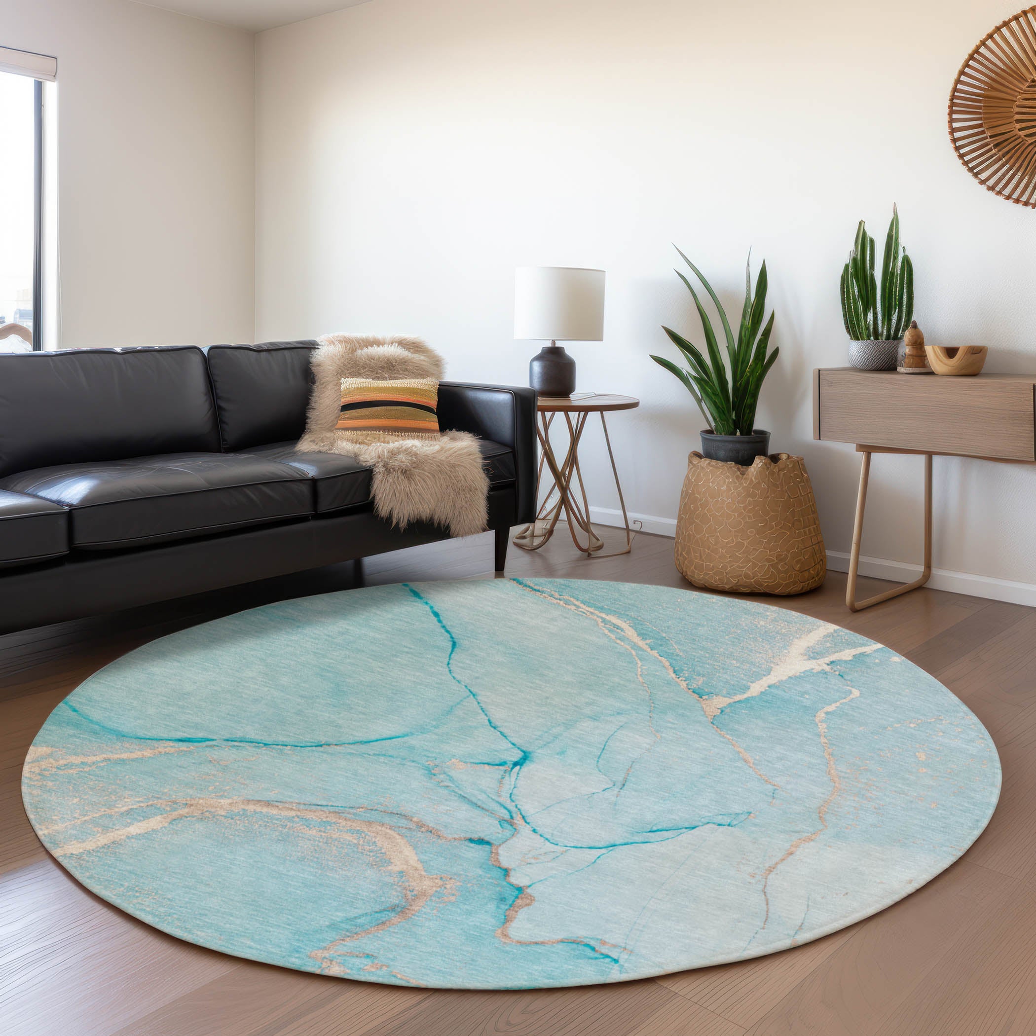 Prague Machine Washable Transitional Teal Rug 8' x 8' #shape_Round