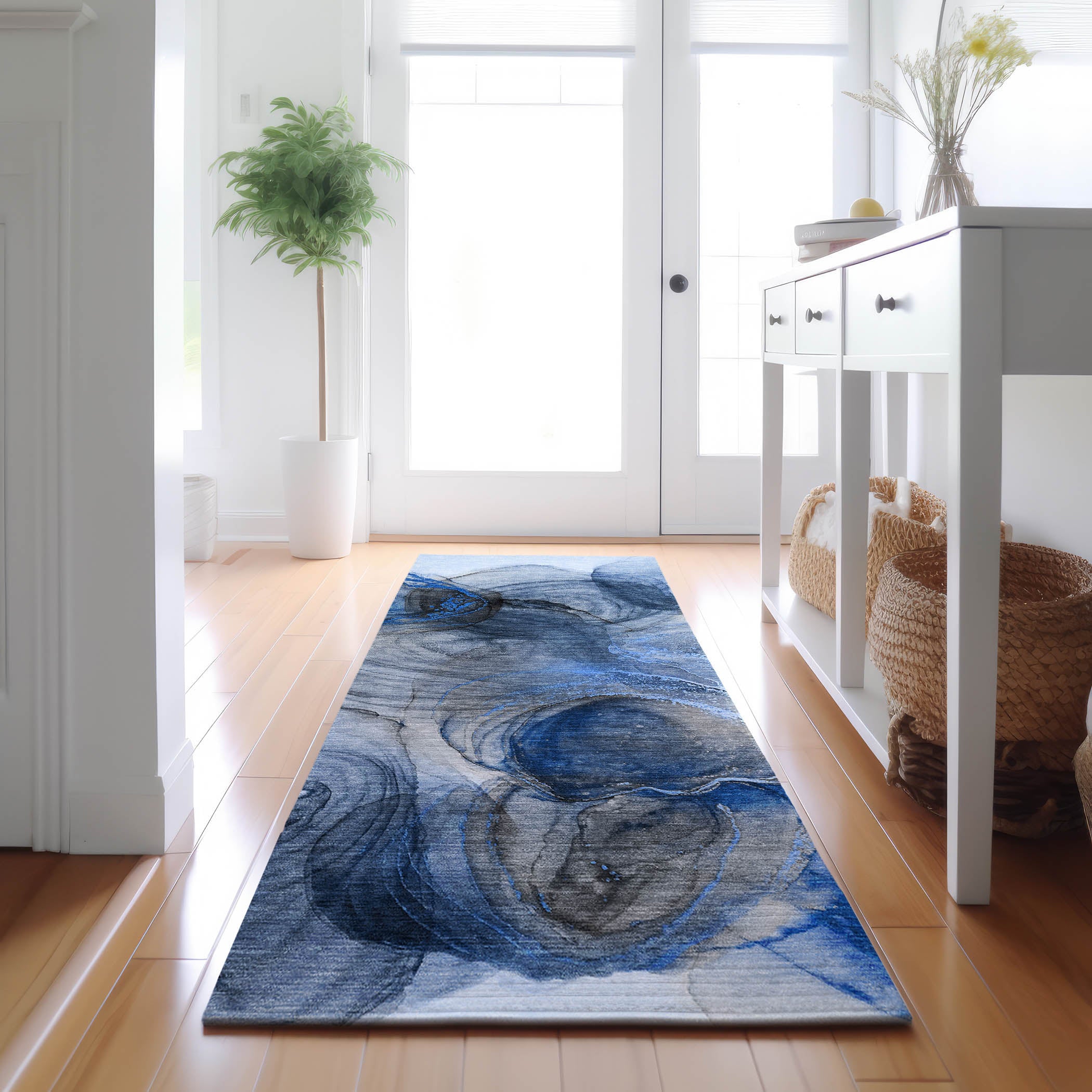 Lima Machine Washable Transitional Navy Blue Rug 2'3" x 7'6" #shape_Runner