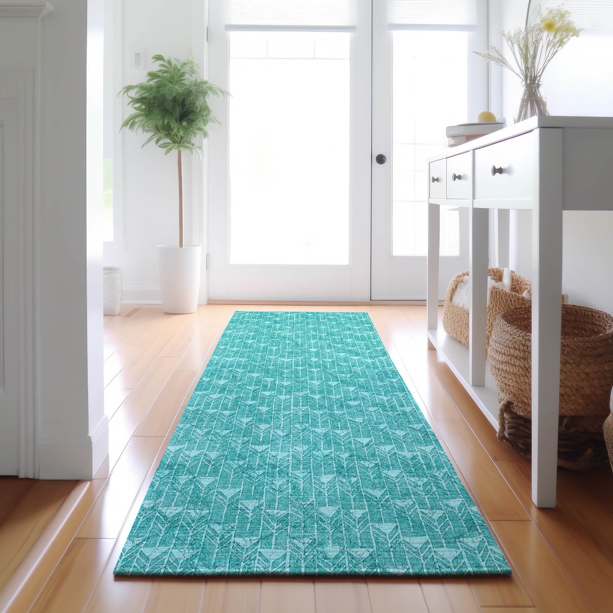 Hoi An Machine Washable Transitional Teal Rug 2'3" x 7'6" #shape_Runner