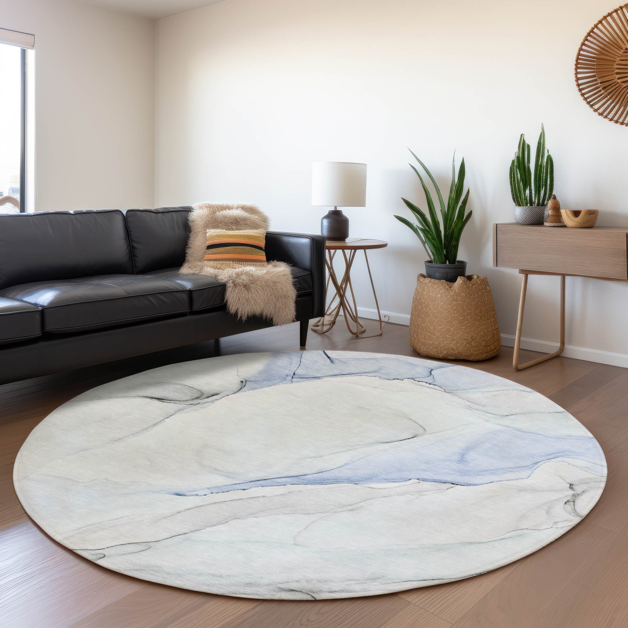 Porto Machine Washable Transitional Blue Rug 8' x 8' #shape_Round