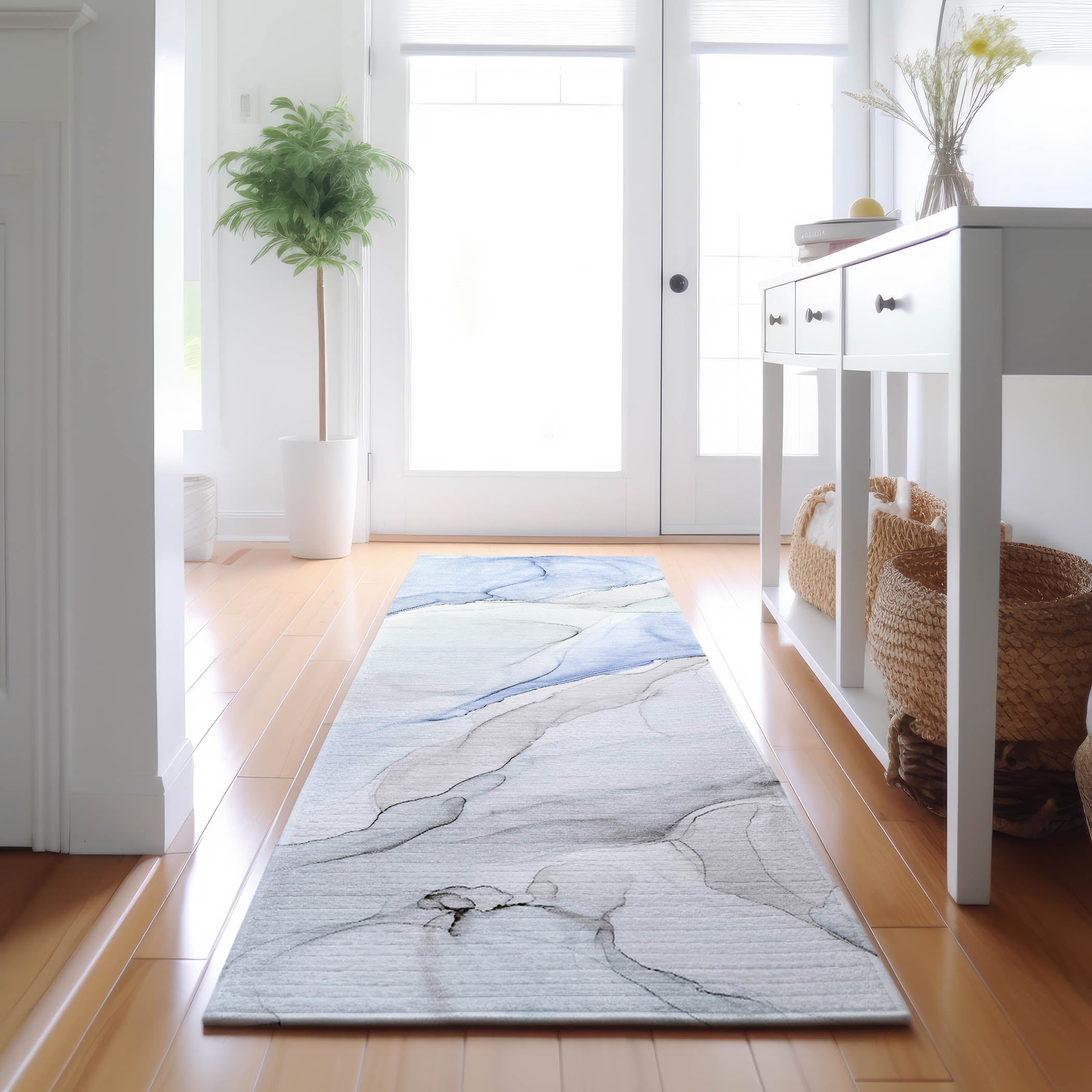 Porto Machine Washable Transitional Blue Rug 2'3" x 7'6" #shape_Runner