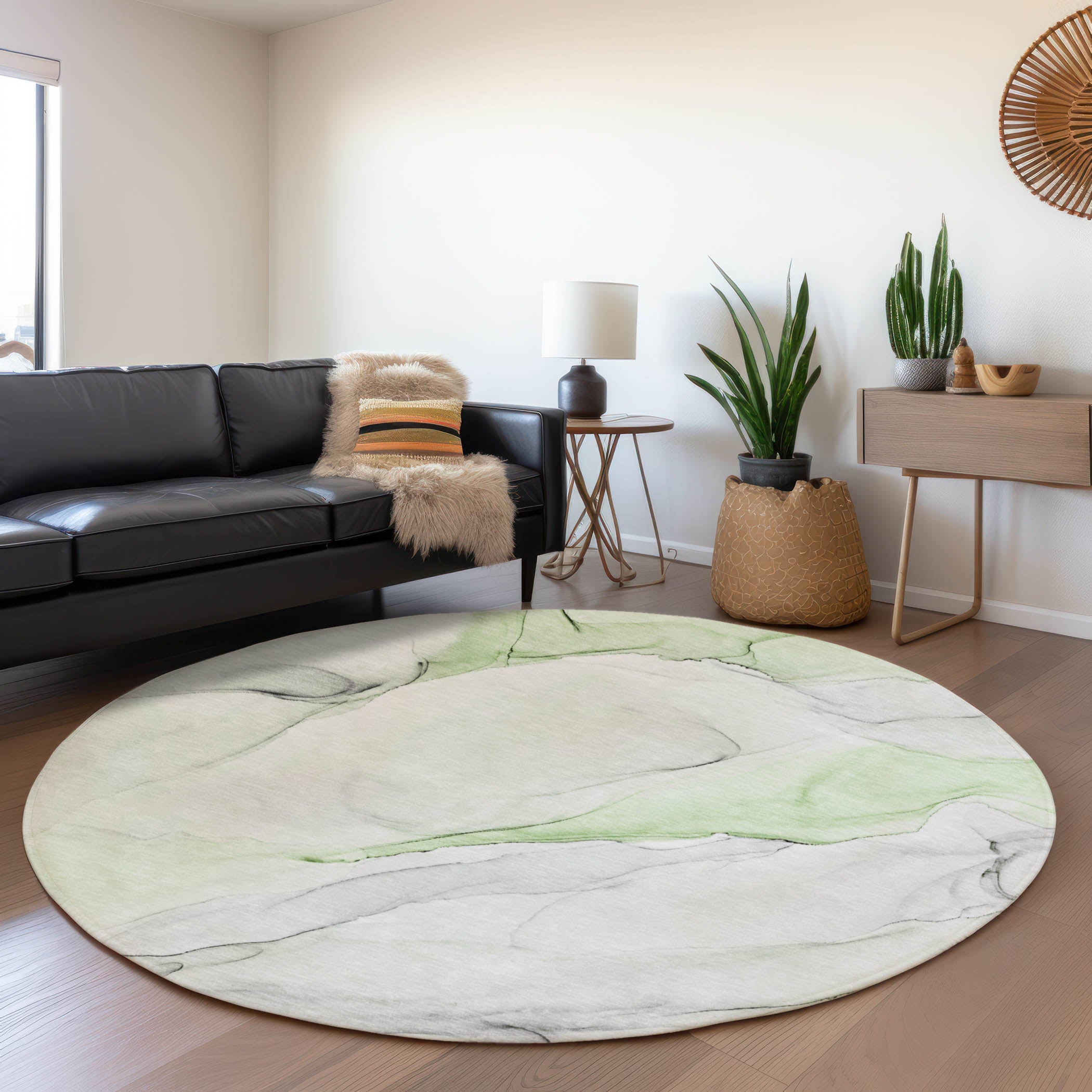 Porto Machine Washable Transitional Green Rug 8' x 8' #shape_Round