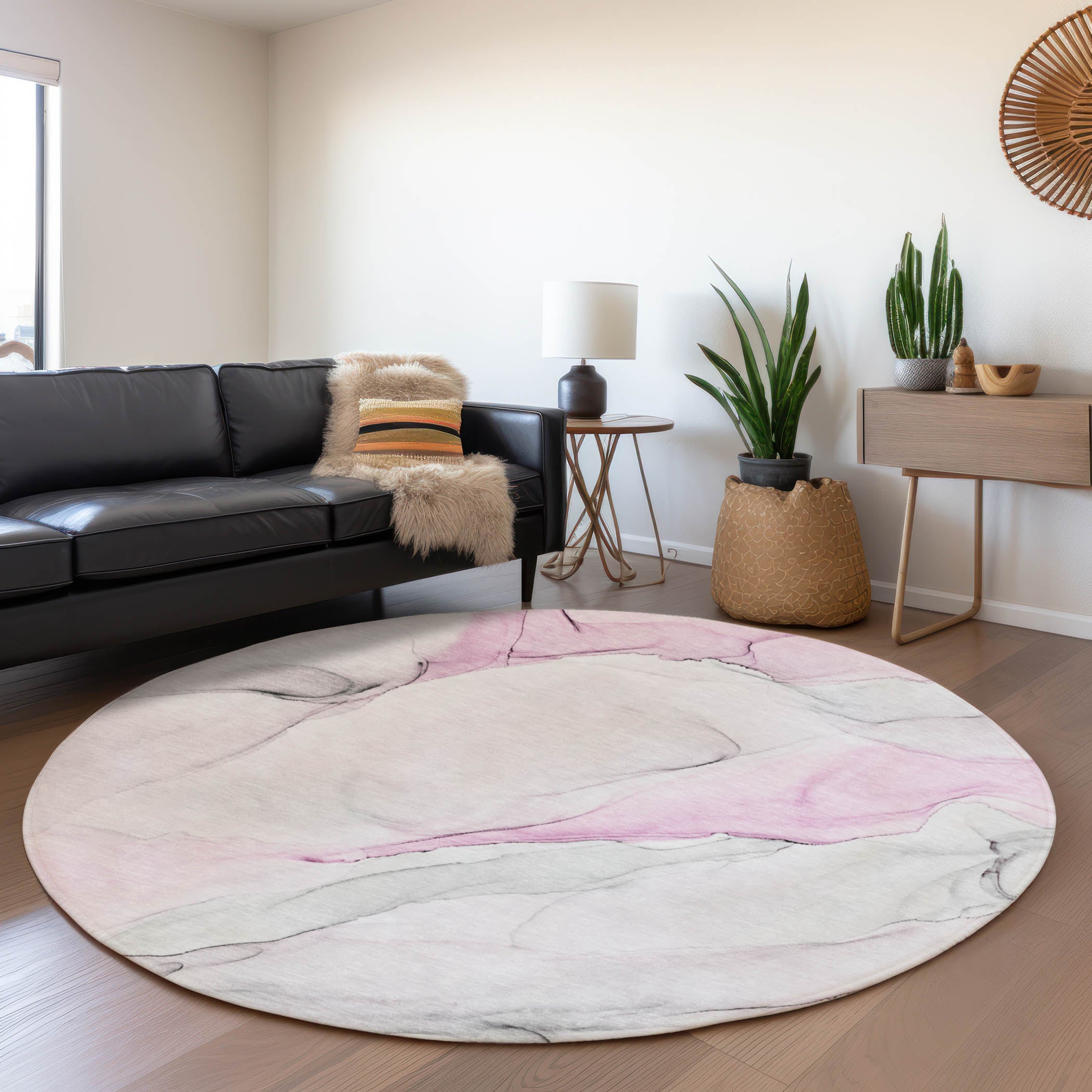 Porto Machine Washable Transitional Pink Rug 8' x 8' #shape_Round