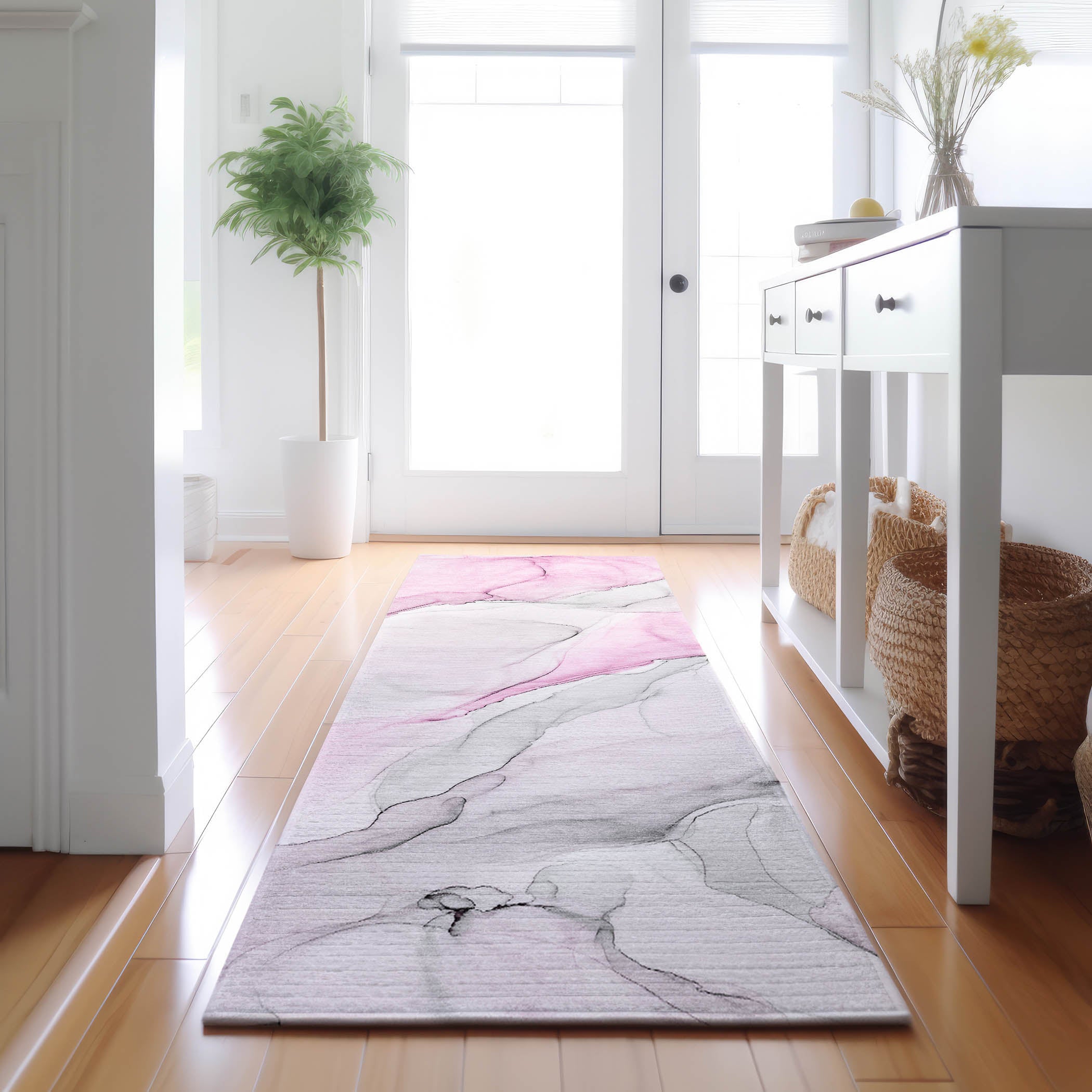 Porto Machine Washable Transitional Pink Rug 2'3" x 7'6" #shape_Runner