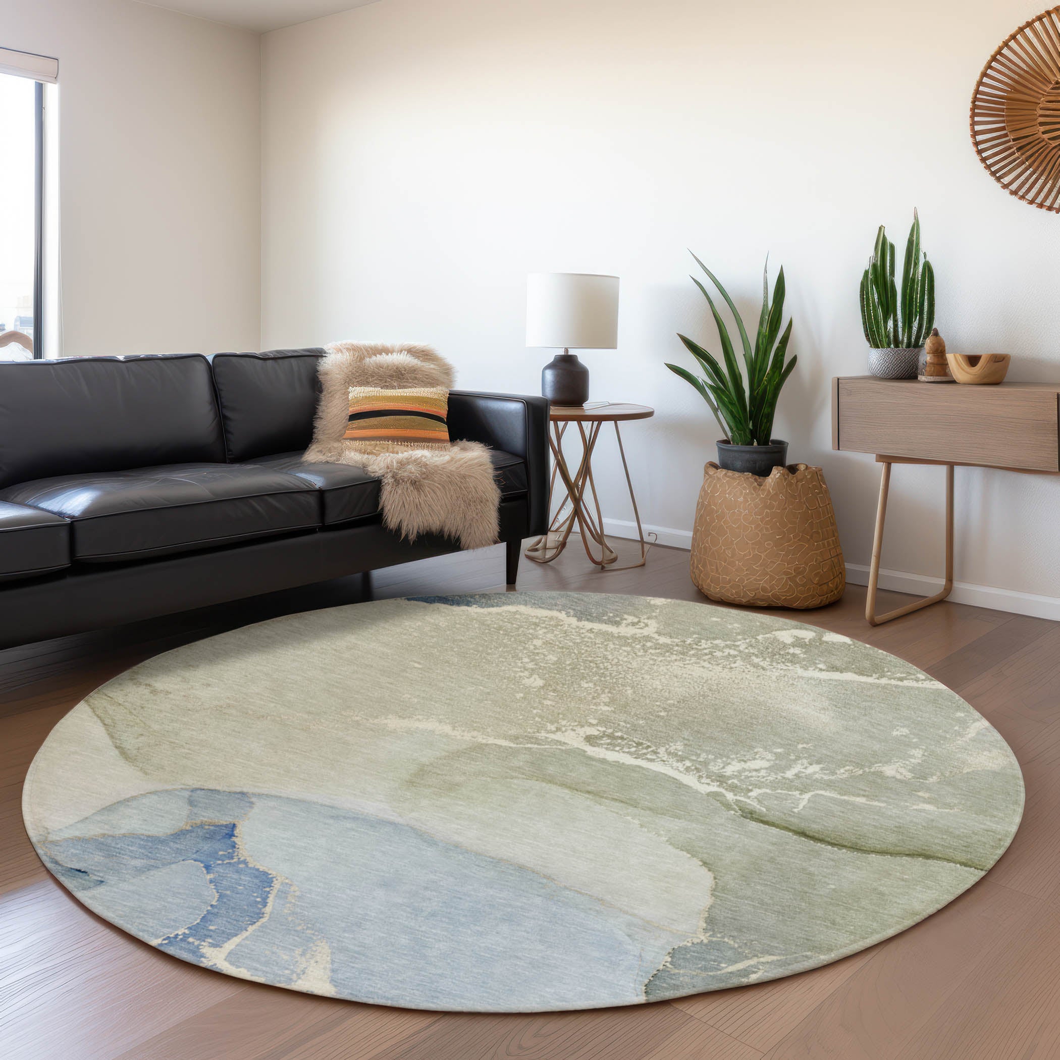 Bruges Machine Washable Transitional Blue Rug 8' x 8' #shape_Round
