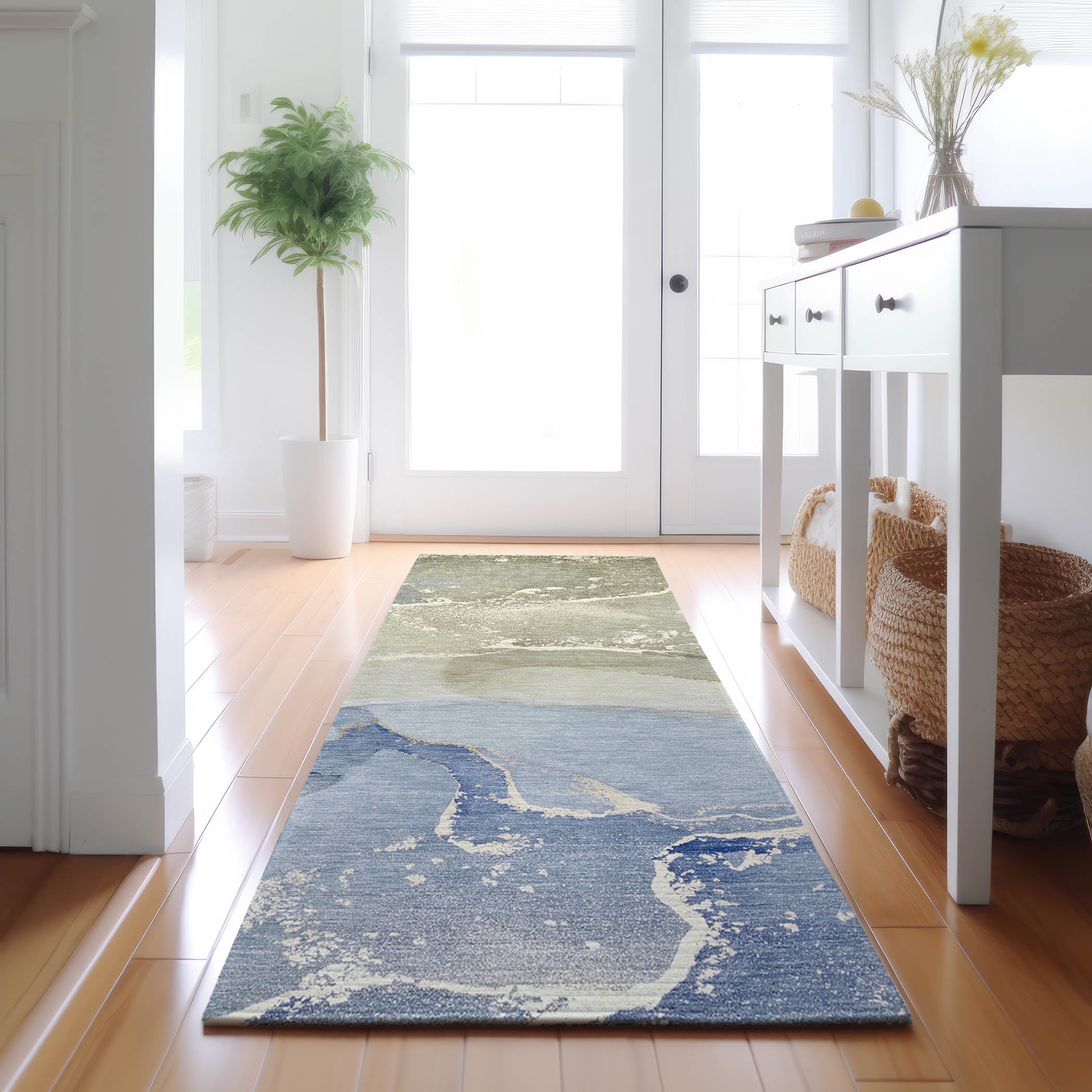 Bruges Machine Washable Transitional Blue Rug 2'3" x 7'6" #shape_Runner