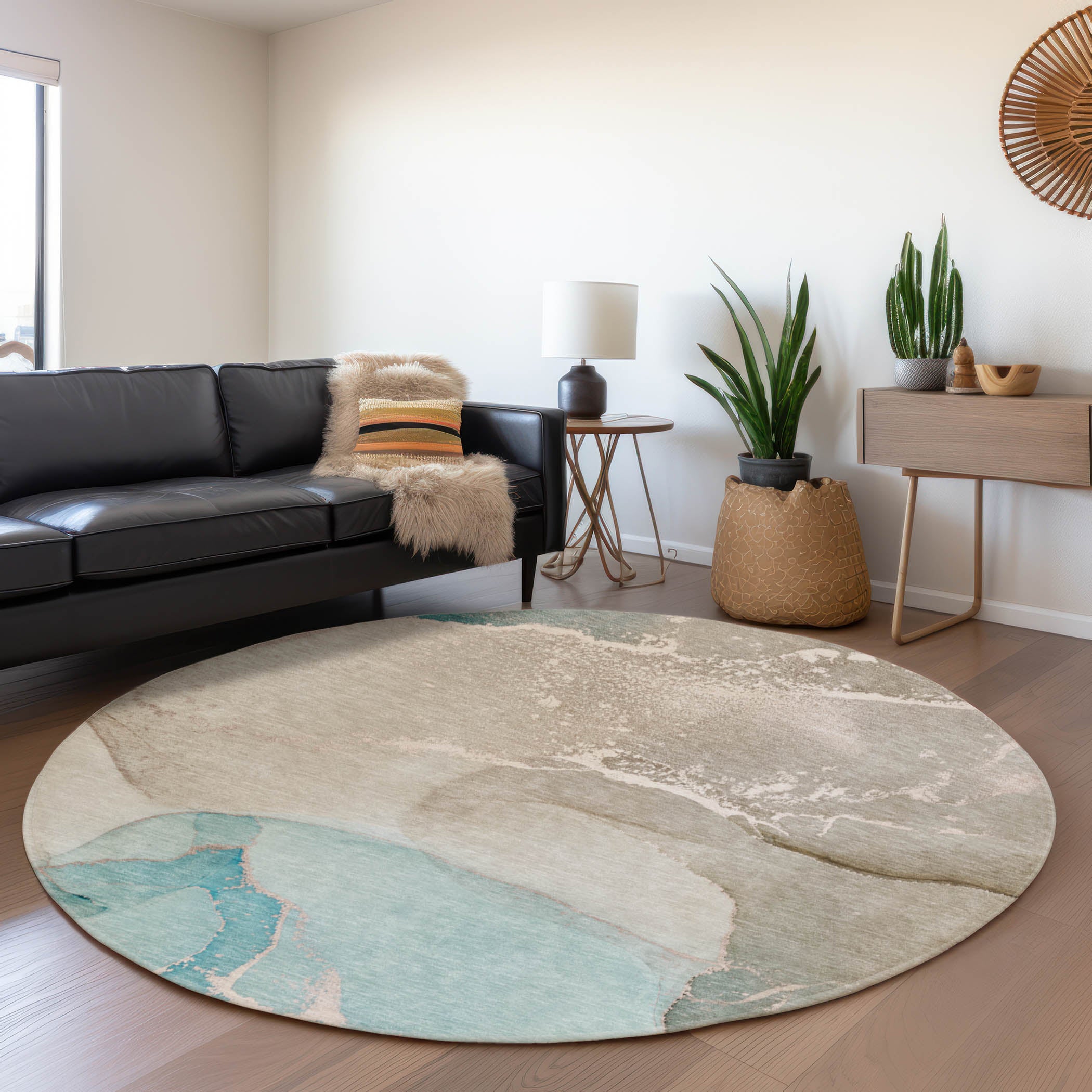 Bruges Machine Washable Transitional Teal Rug 8' x 8' #shape_Round