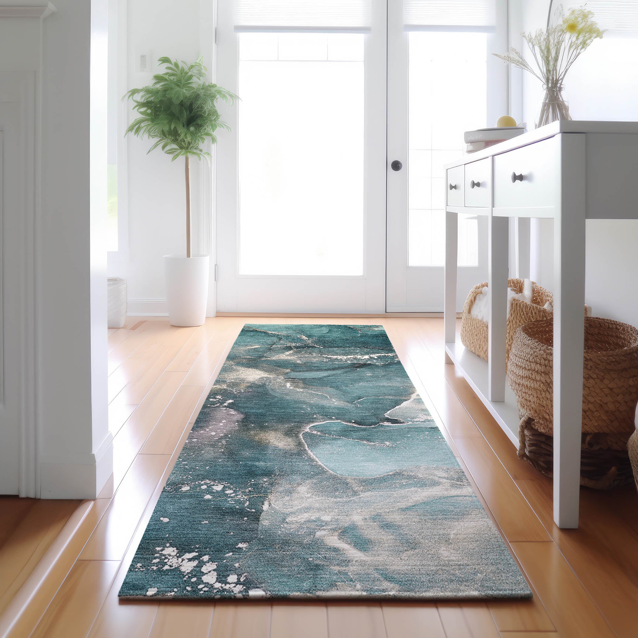 Vienna Machine Washable Transitional Teal Rug 2'3" x 7'6" #shape_Runner