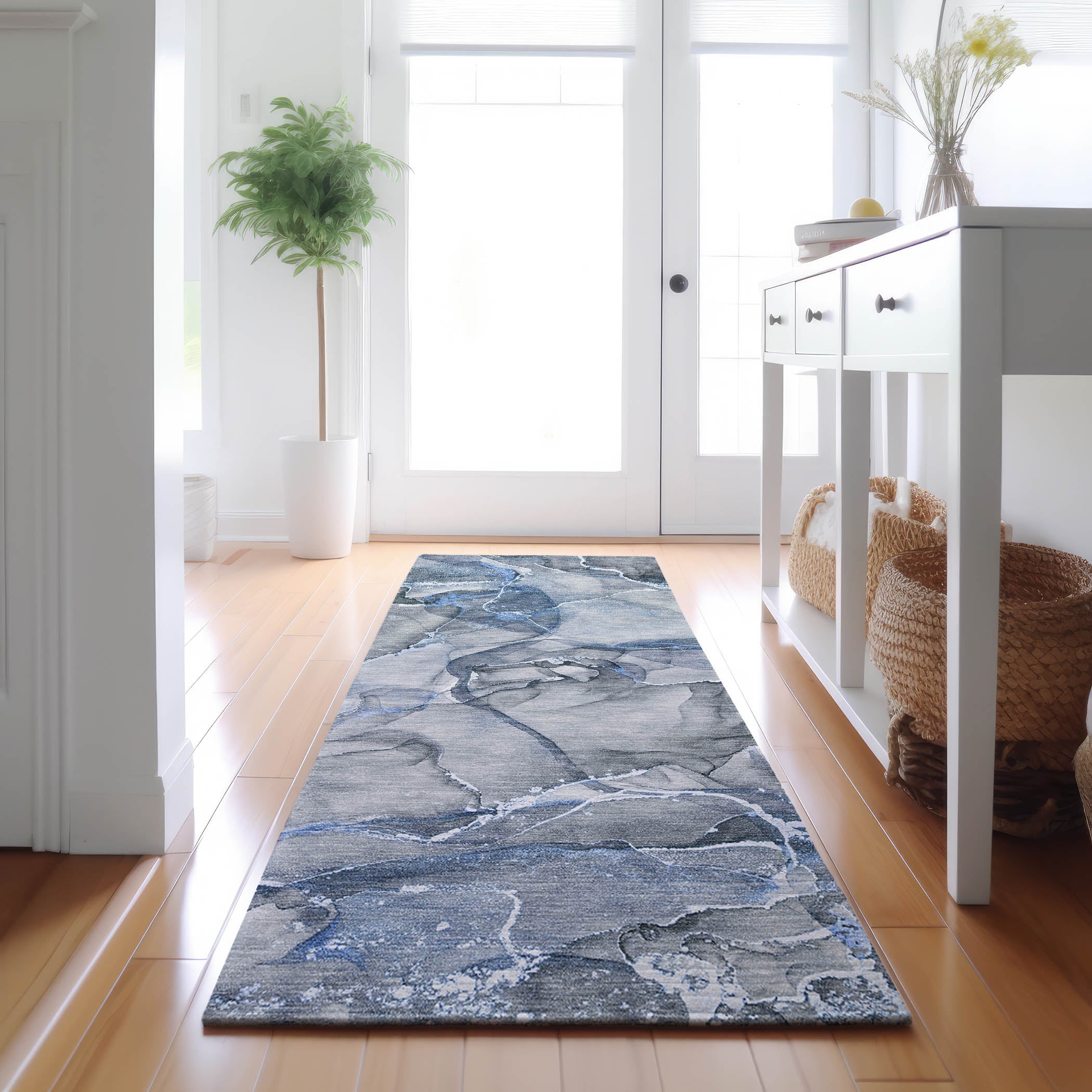 Sintra Machine Washable Transitional Blue Rug 2'3" x 7'6" #shape_Runner