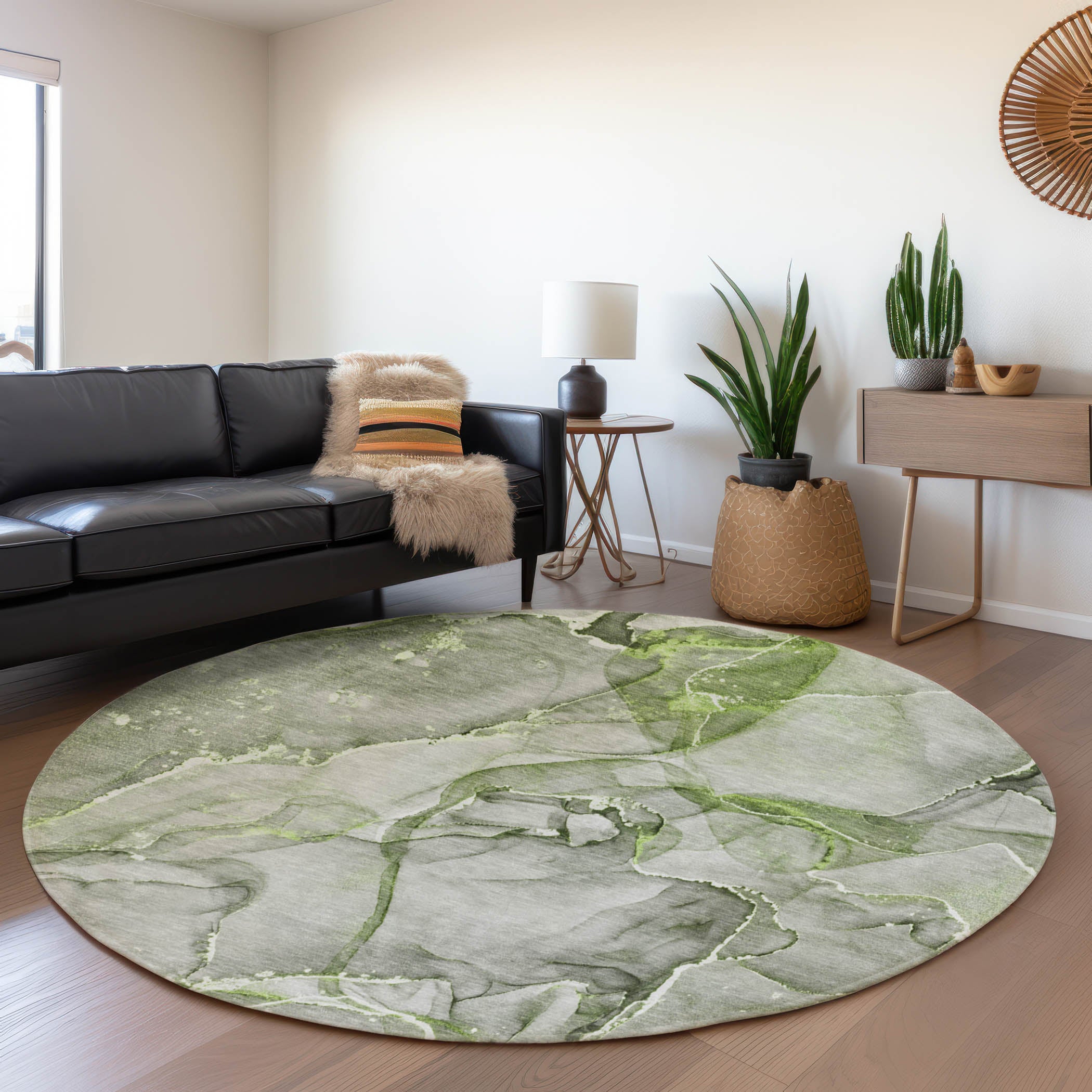 Sintra Machine Washable Transitional Green Rug 8' x 8' #shape_Round