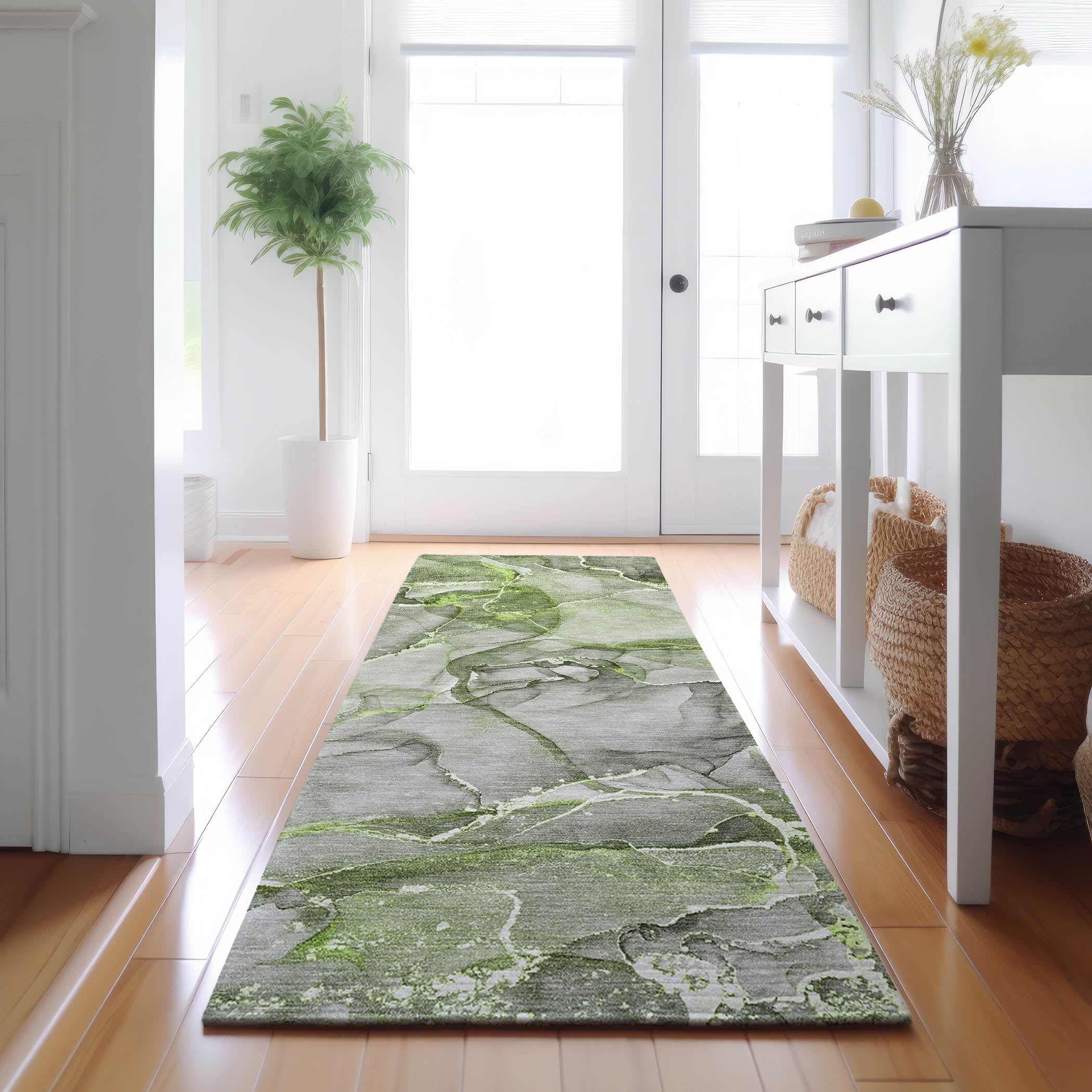 Sintra Machine Washable Transitional Green Rug 2'3" x 7'6" #shape_Runner