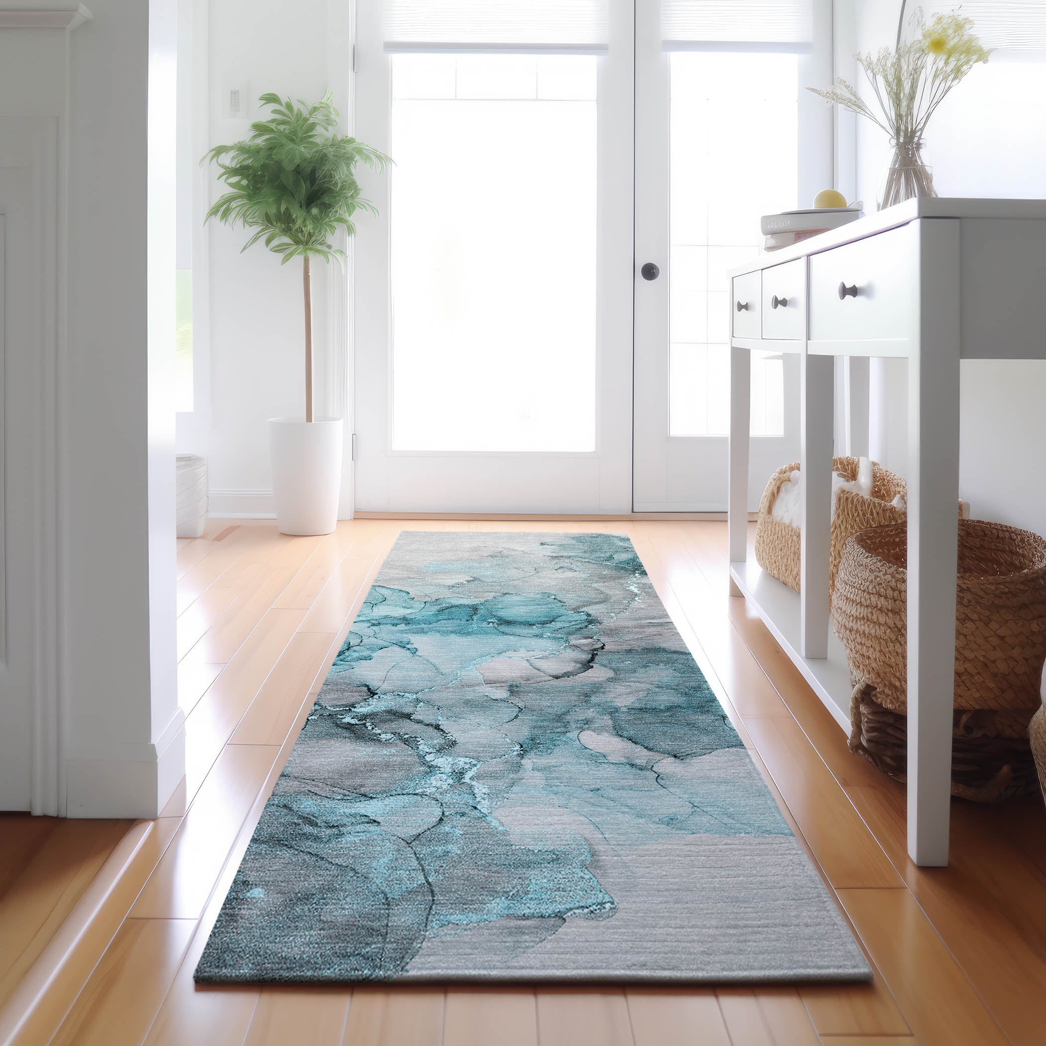 Marrakech Machine Washable Transitional Teal Rug 2'3" x 7'6" #shape_Runner
