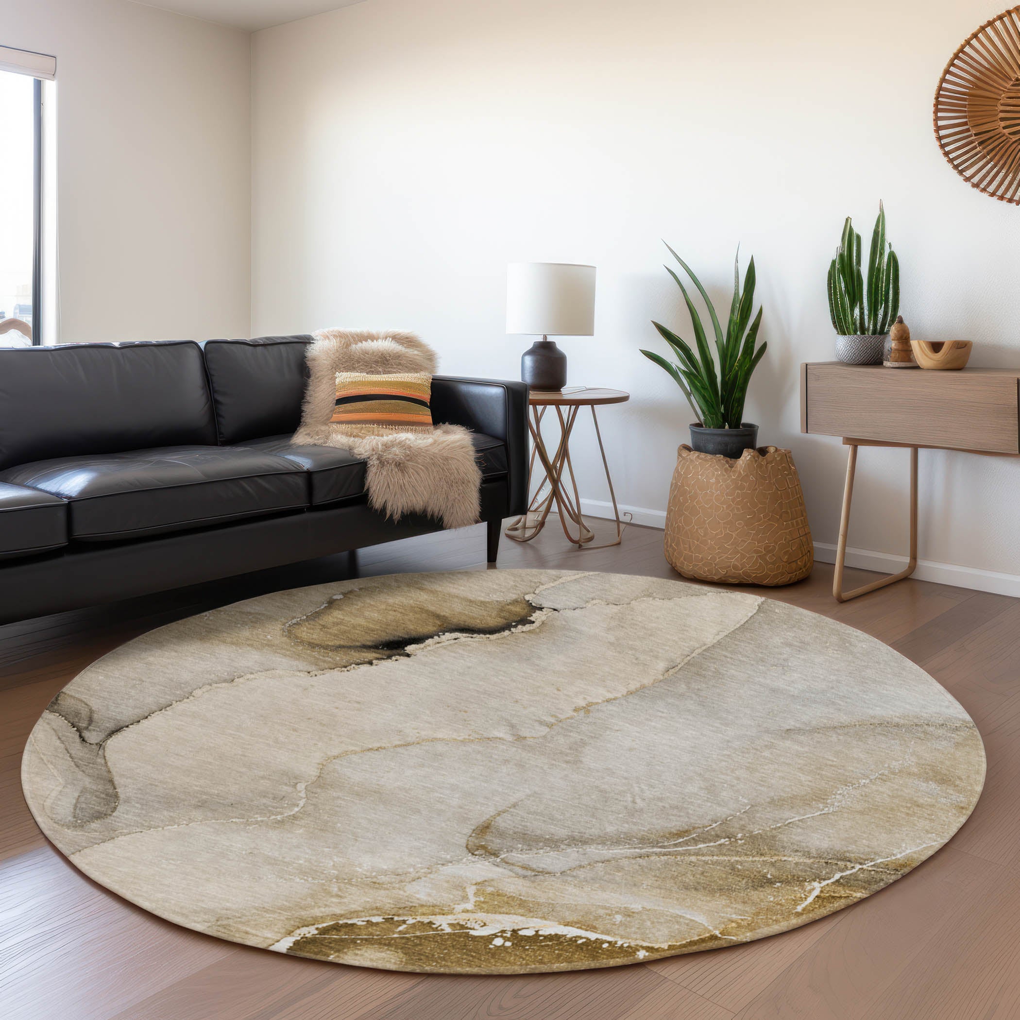 Budapest Machine Washable Transitional Beige Brown Rug 8' x 8' #shape_Round