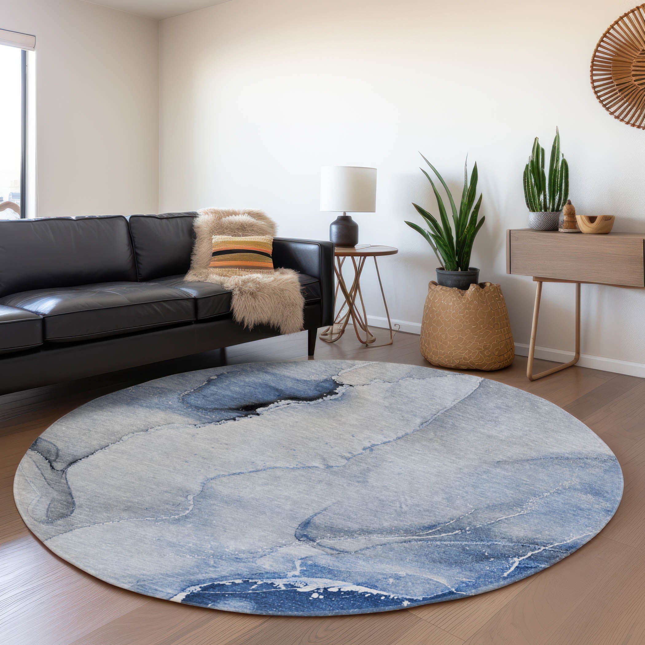 Budapest Machine Washable Transitional Blue Rug 8' x 8' #shape_Round