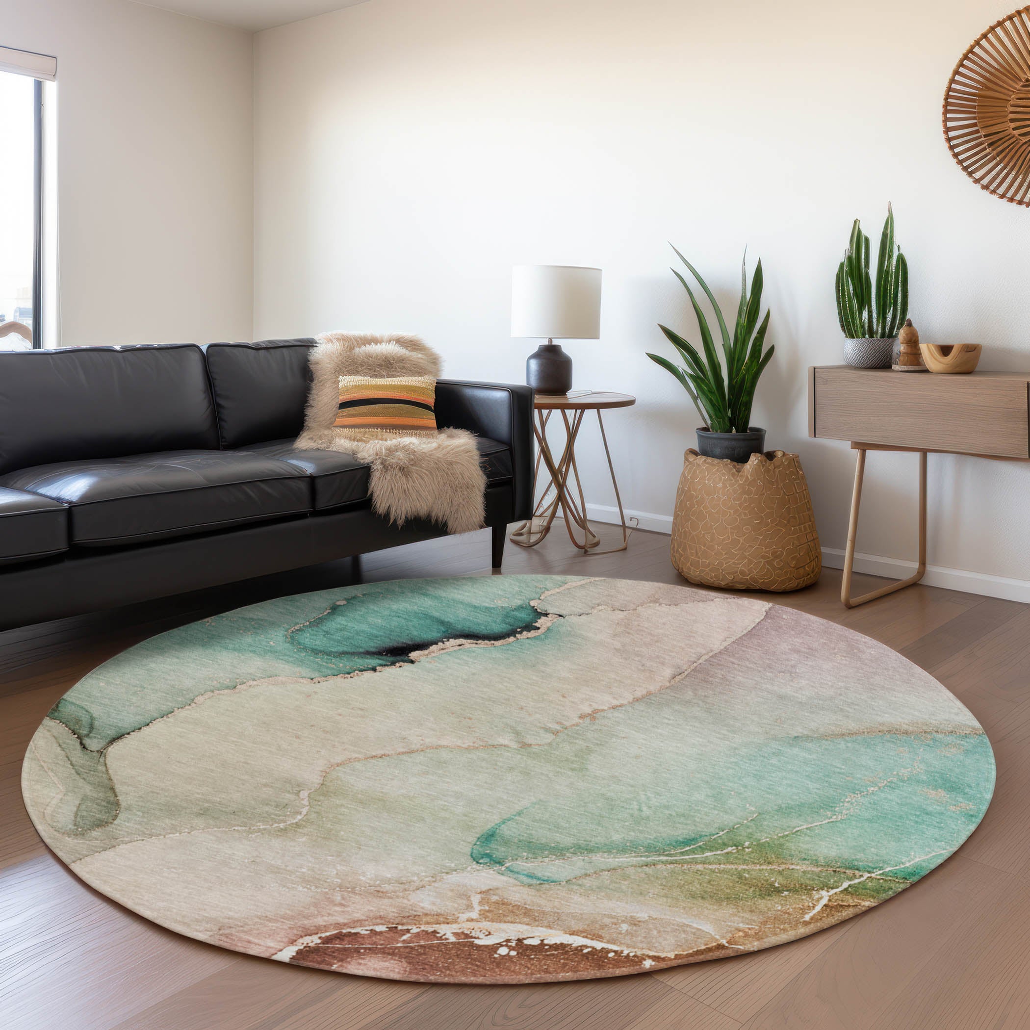 Budapest Machine Washable Transitional Teal Rug 8' x 8' #shape_Round