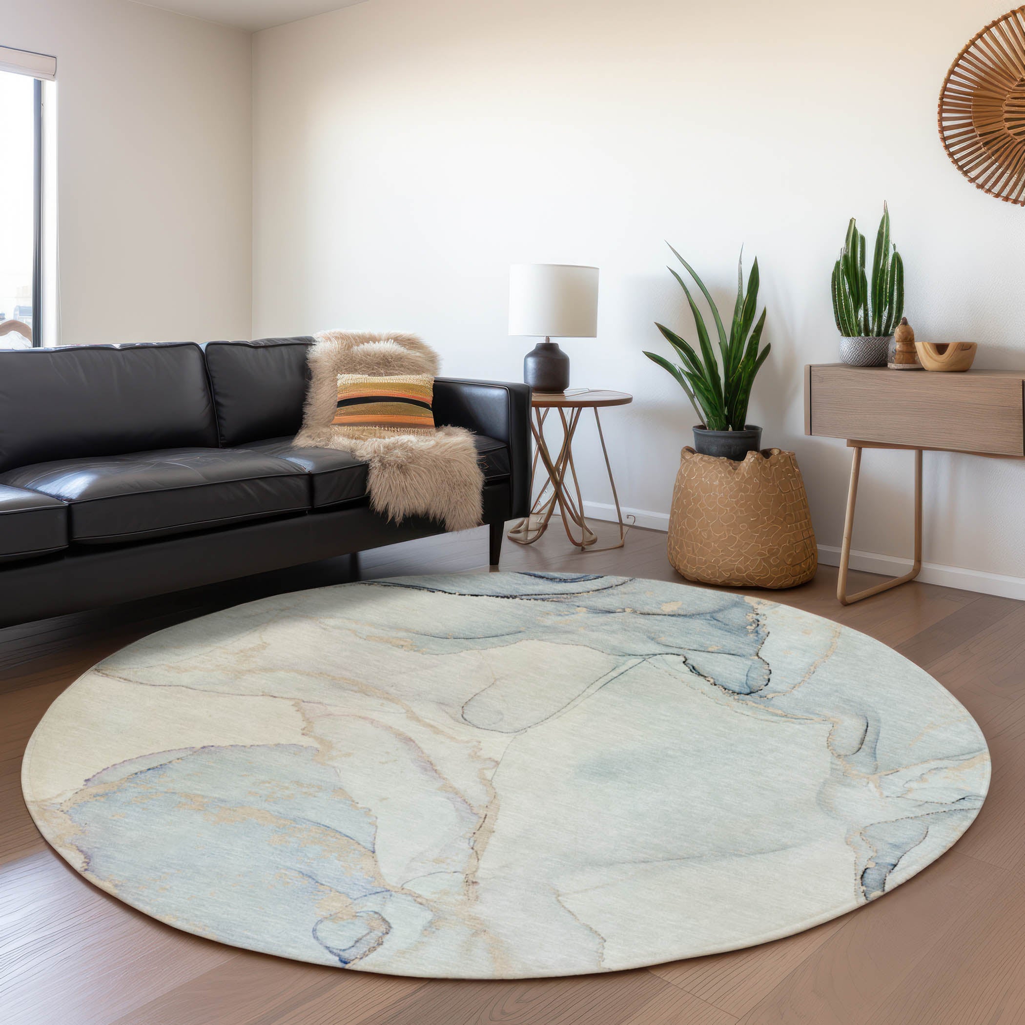Zanzibar Machine Washable Transitional Sky Blue Rug 8' x 8' #shape_Round