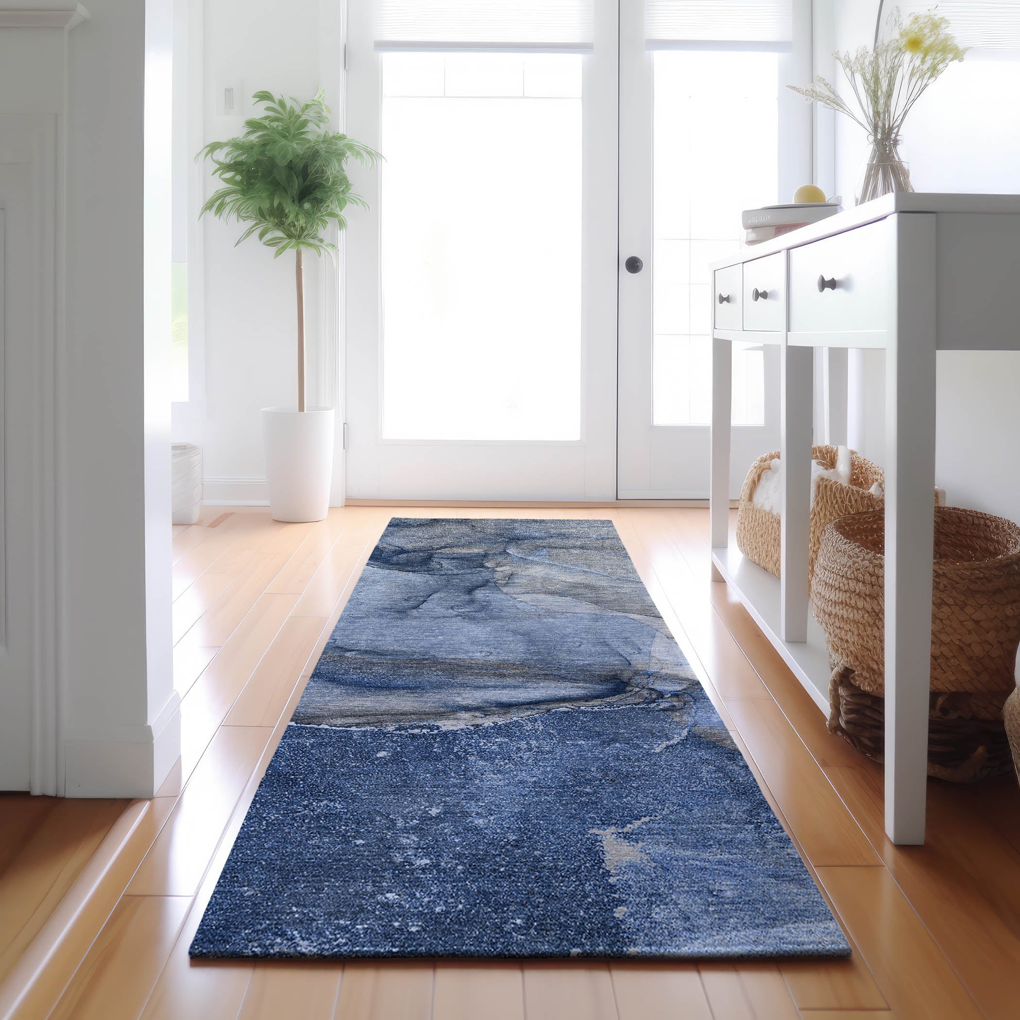 Bogota Machine Washable Transitional Navy Blue Rug 2'3" x 7'6" #shape_Runner