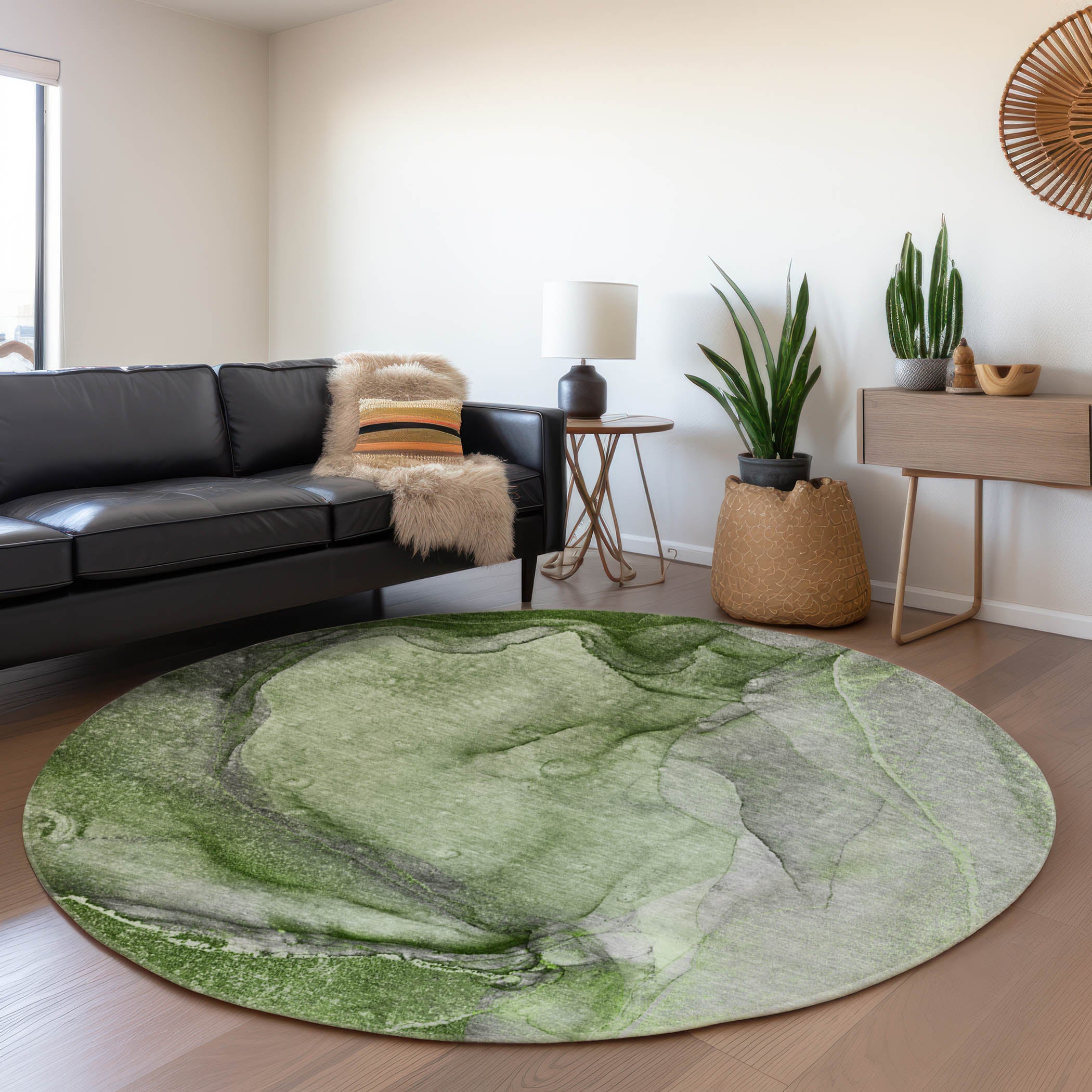 Bogota Machine Washable Transitional Olive Green Rug 8' x 8' #shape_Round