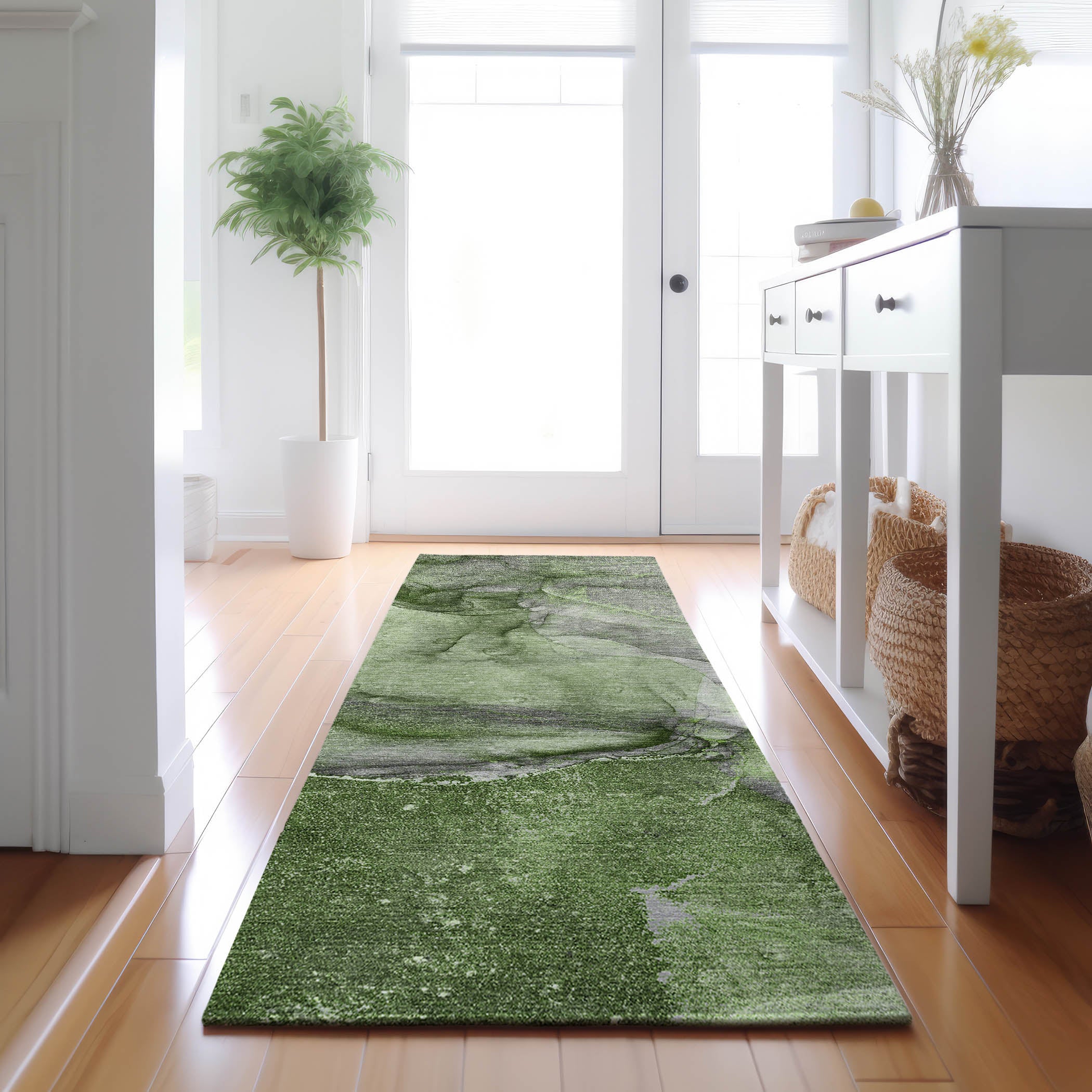 Bogota Machine Washable Transitional Olive Green Rug 2'3" x 7'6" #shape_Runner