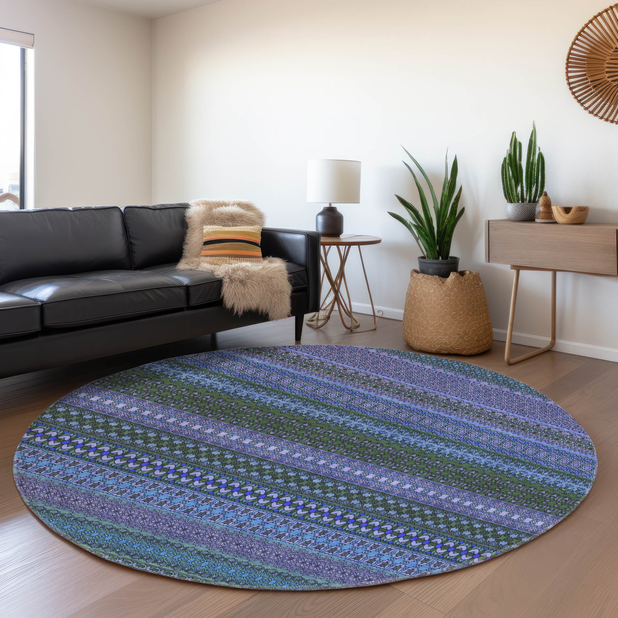 Porto Machine Washable Transitional Blue Rug 8' x 8' #shape_Round