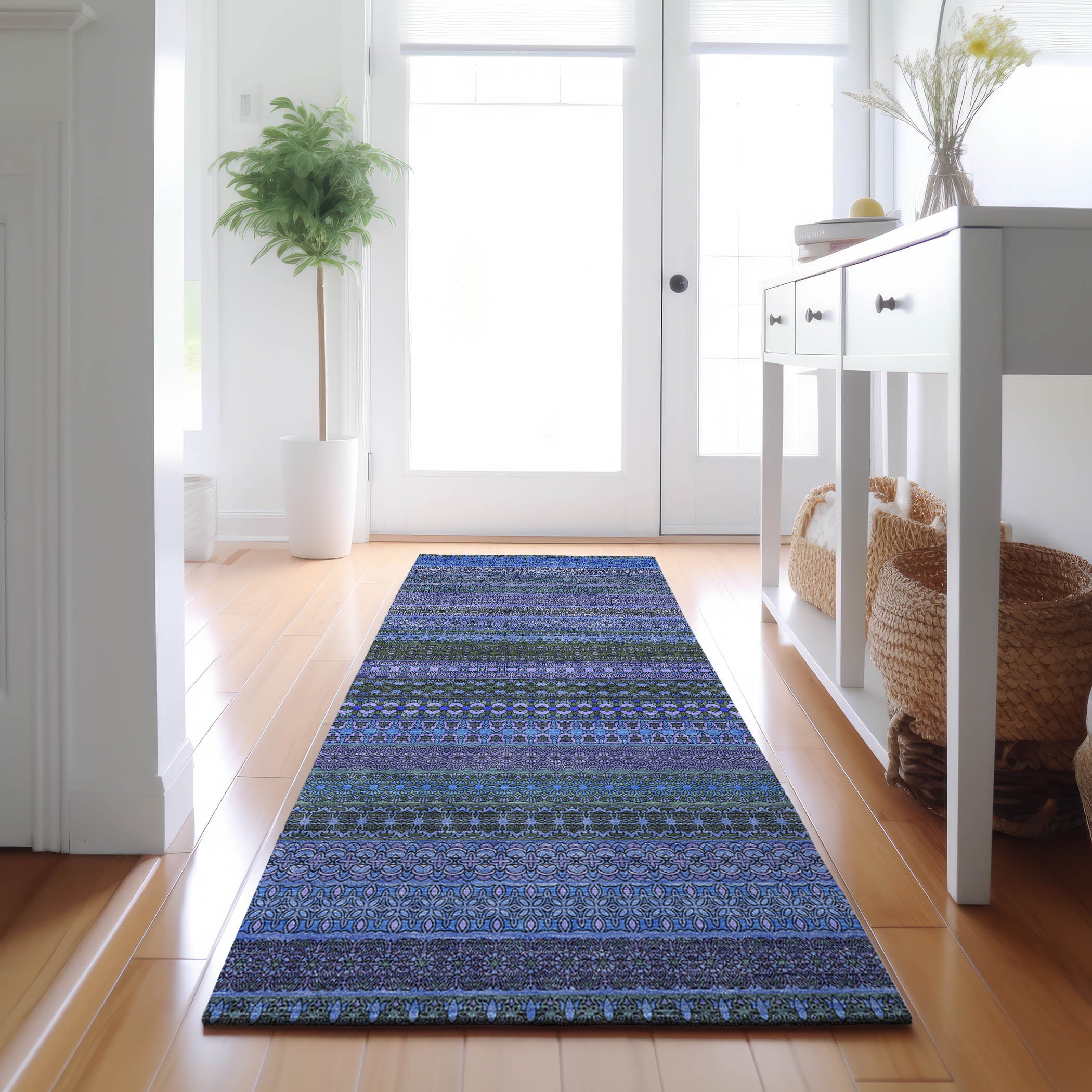 Porto Machine Washable Transitional Blue Rug 2'3" x 7'6" #shape_Runner