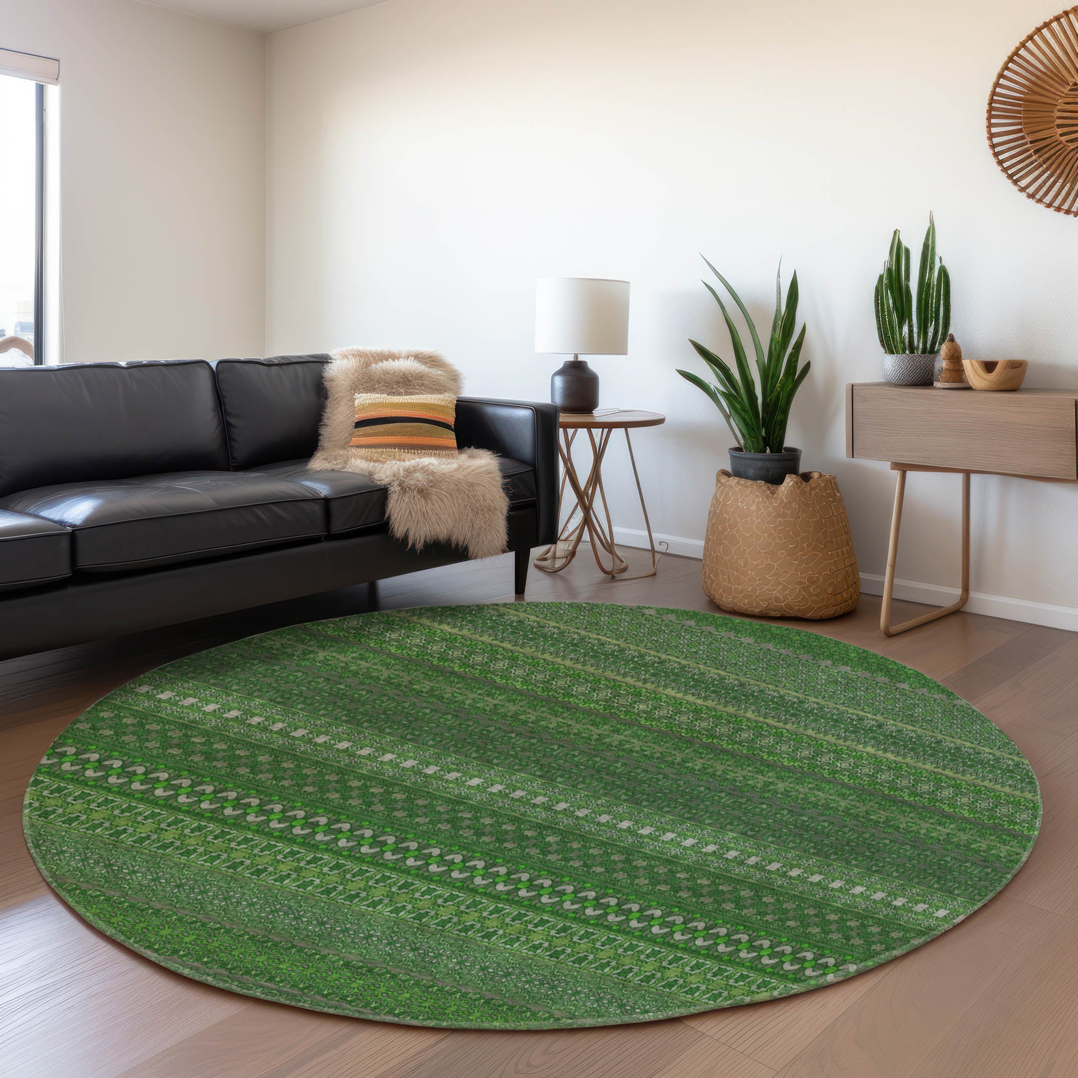 Porto Machine Washable Transitional Fern Green Rug 8' x 8' #shape_Round