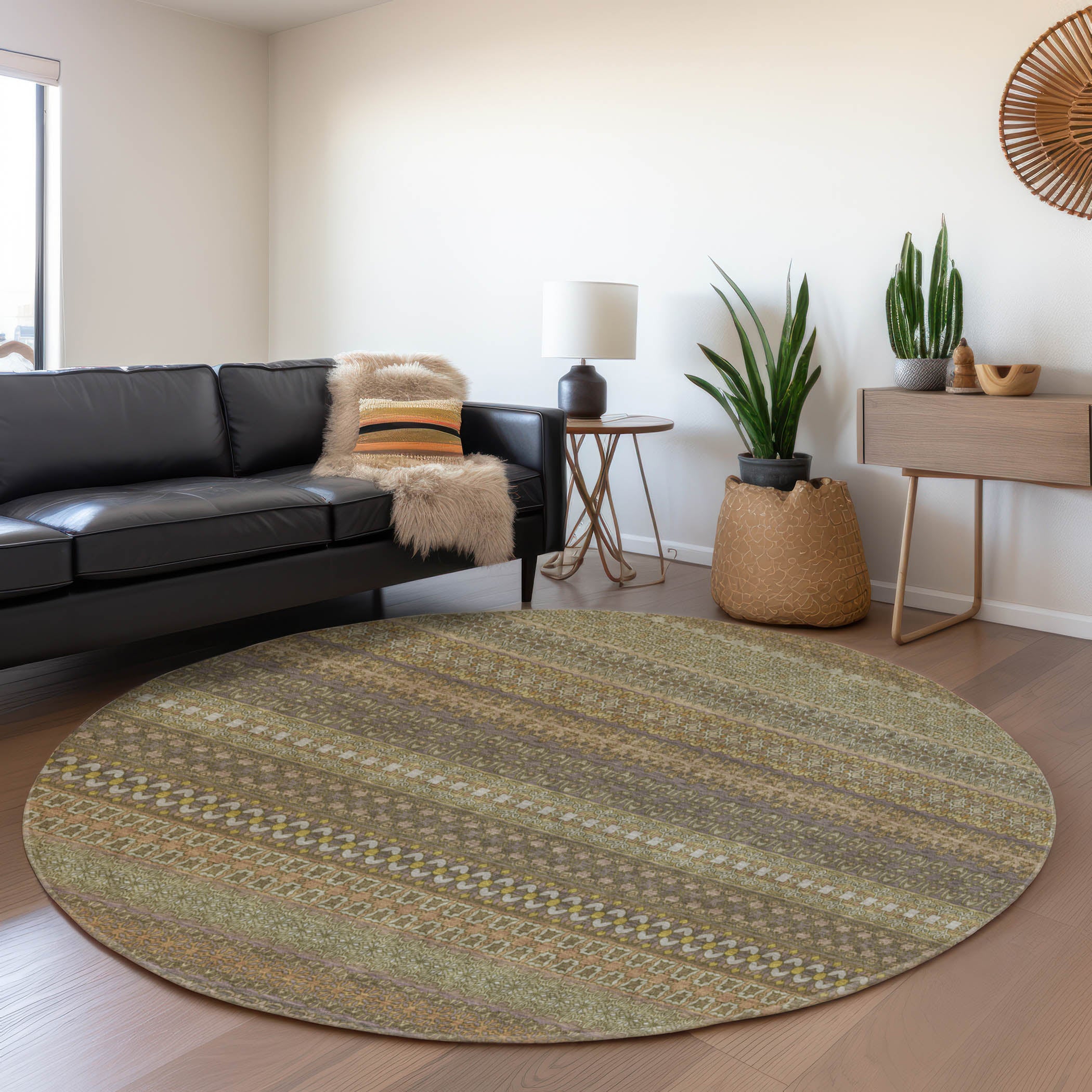 Porto Machine Washable Transitional Khaki Brown Rug 8' x 8' #shape_Round