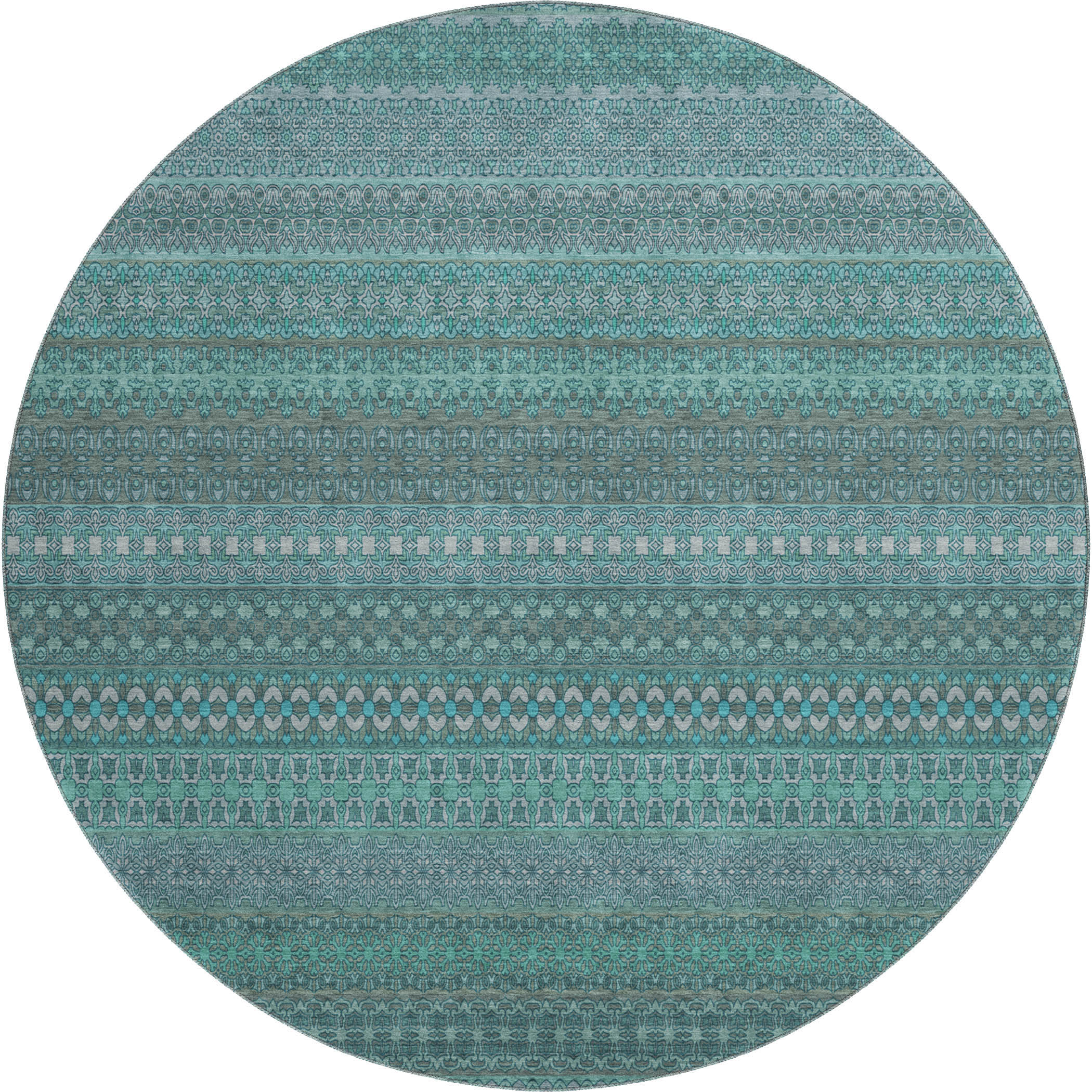 Porto Machine Washable Transitional Turquoise Teal Rug 8' x 8' #shape_Round