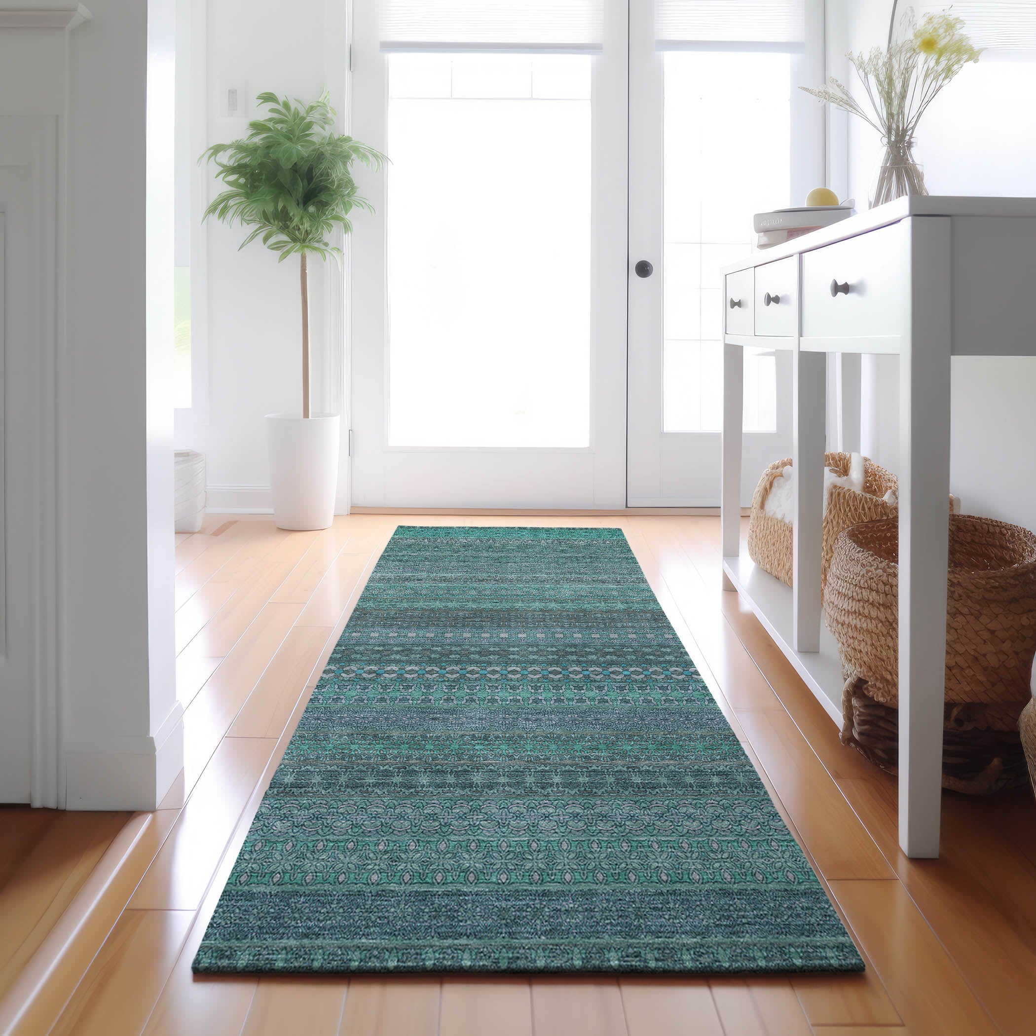 Porto Machine Washable Transitional Turquoise Teal Rug 2'3" x 7'6" #shape_Runner