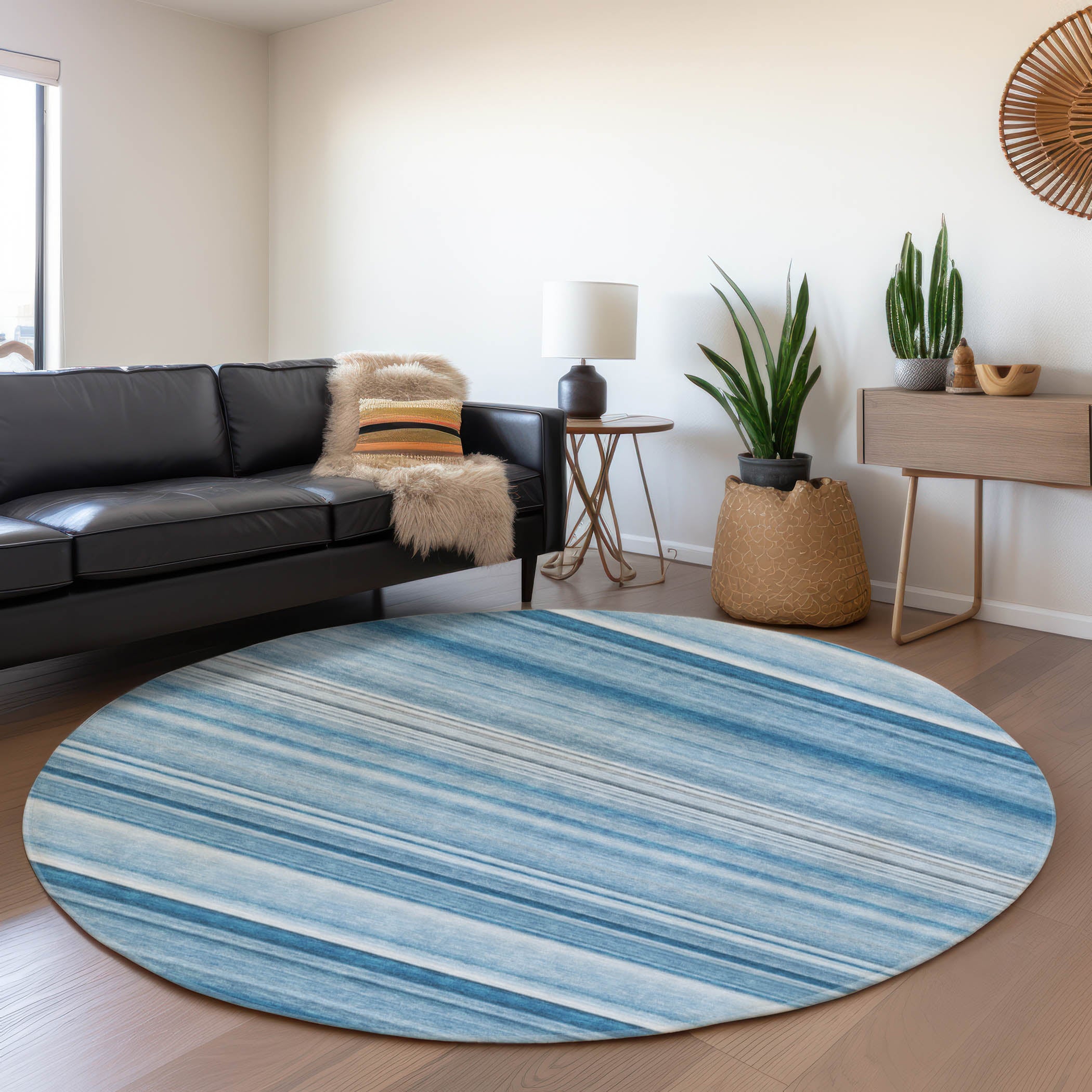 Antigua Machine Washable Transitional Blue Rug 8' x 8' #shape_Round