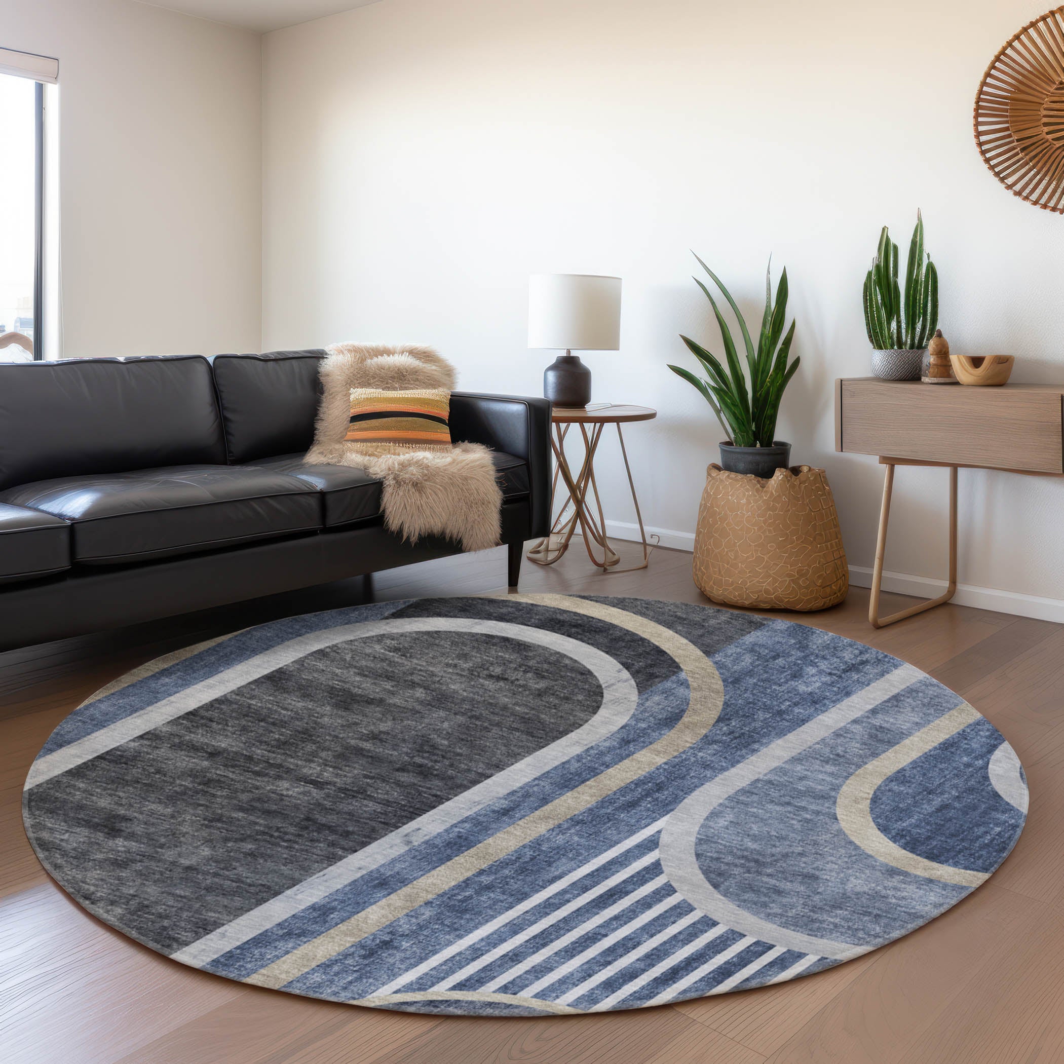 Vienna Machine Washable Transitional Navy Blue Rug 8' x 8' #shape_Round